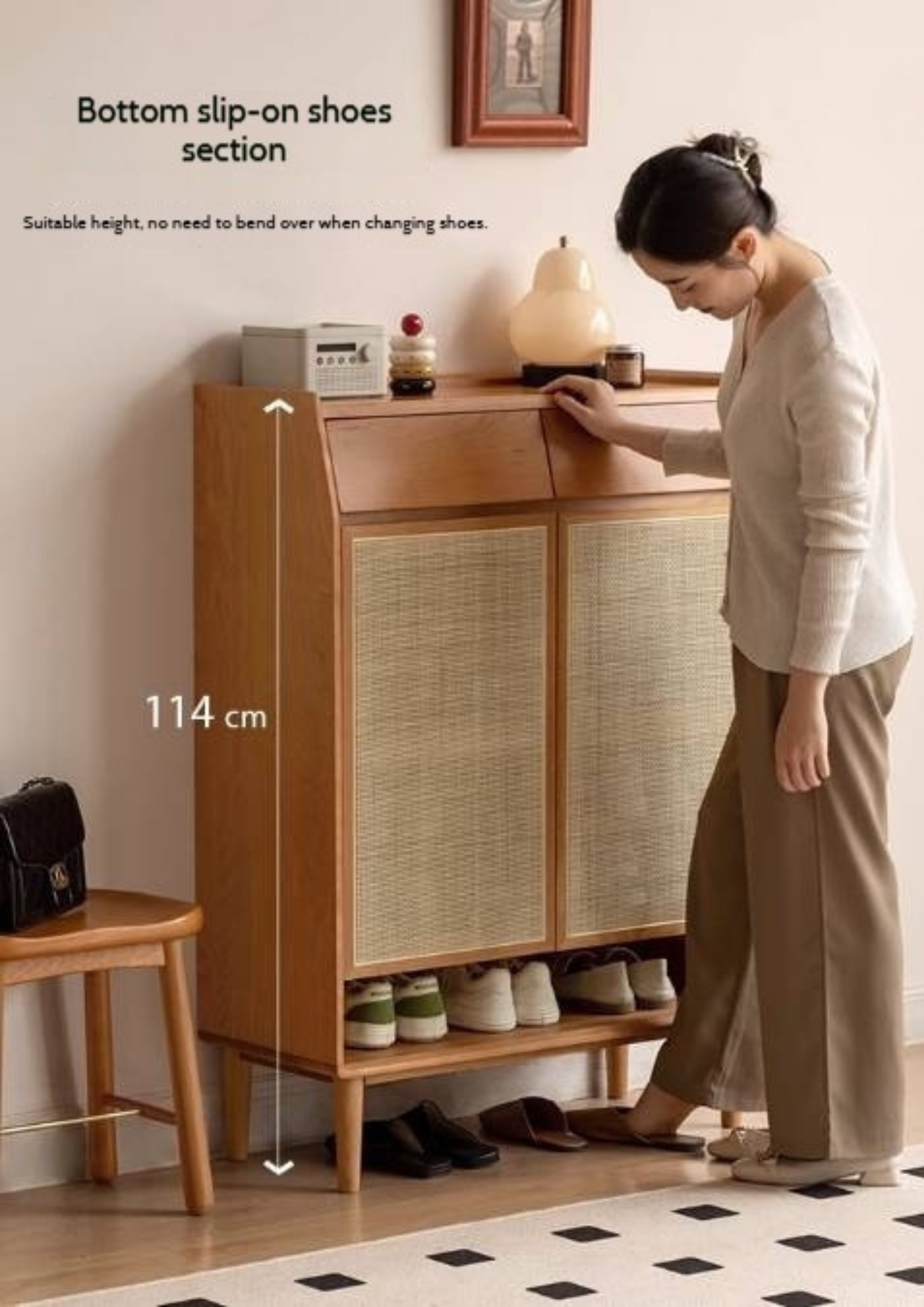 Сherry, Oak Solid Wood Rattan Locker Shoe Cabinet