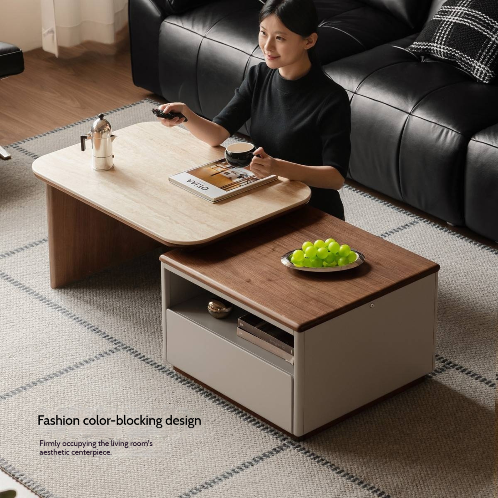 Black Walnut Solid Wood Italian Light Luxury Rock Plate Coffee Table