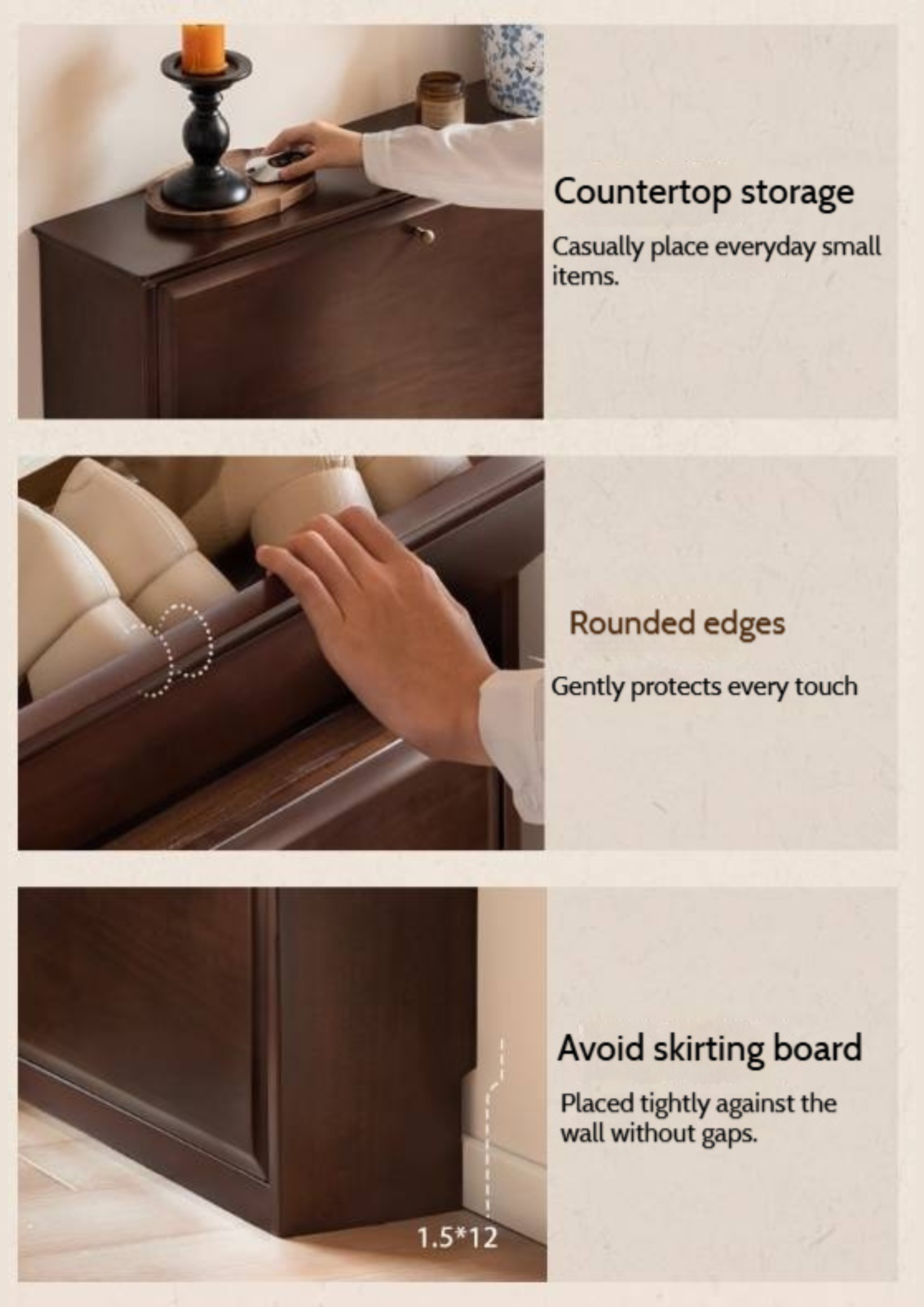 Poplar, Solid Rubber Wood Retro Narrow Shoe Cabinet