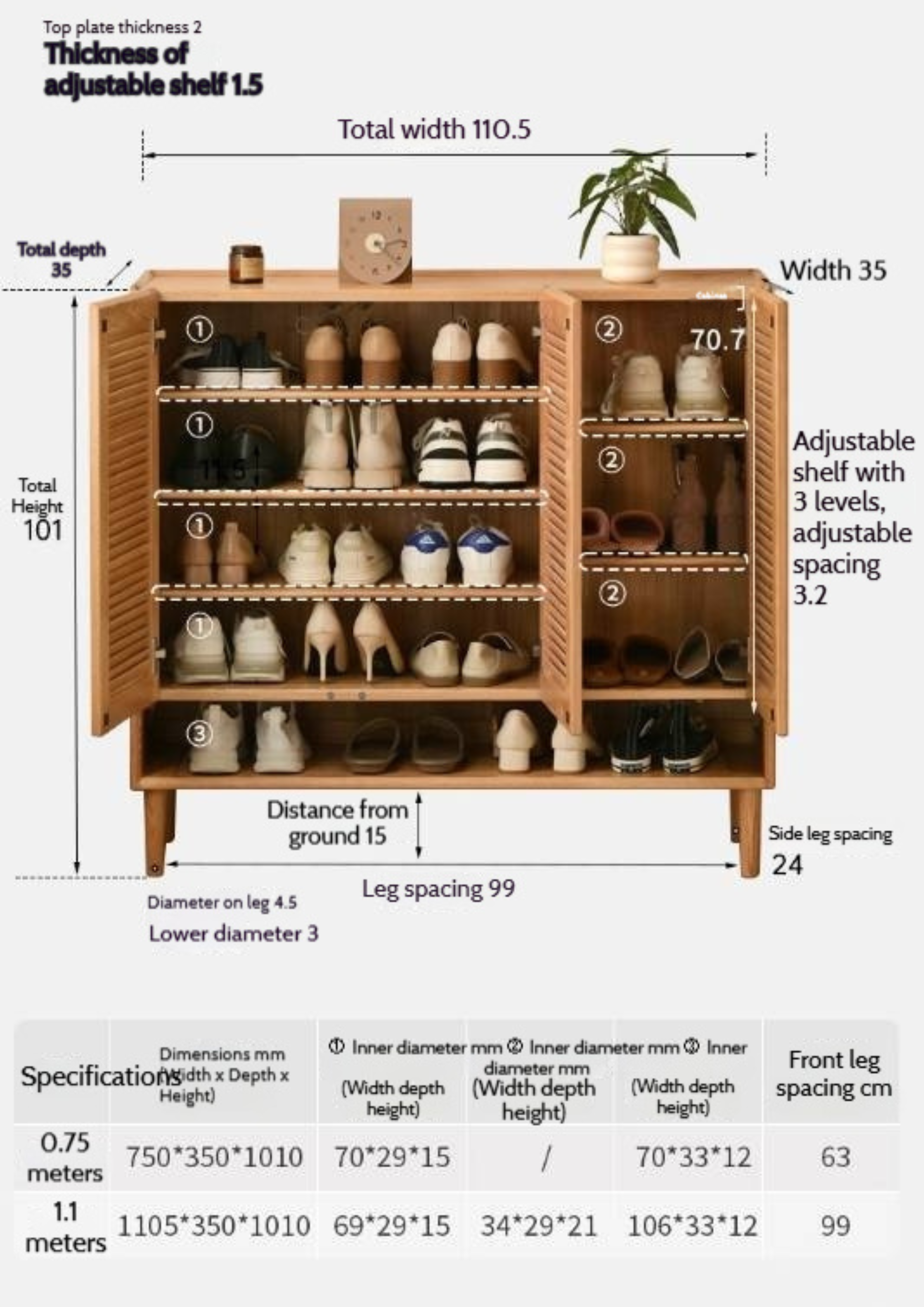 Oak, Solid Rubber Wood Modern Shoe Cabinet