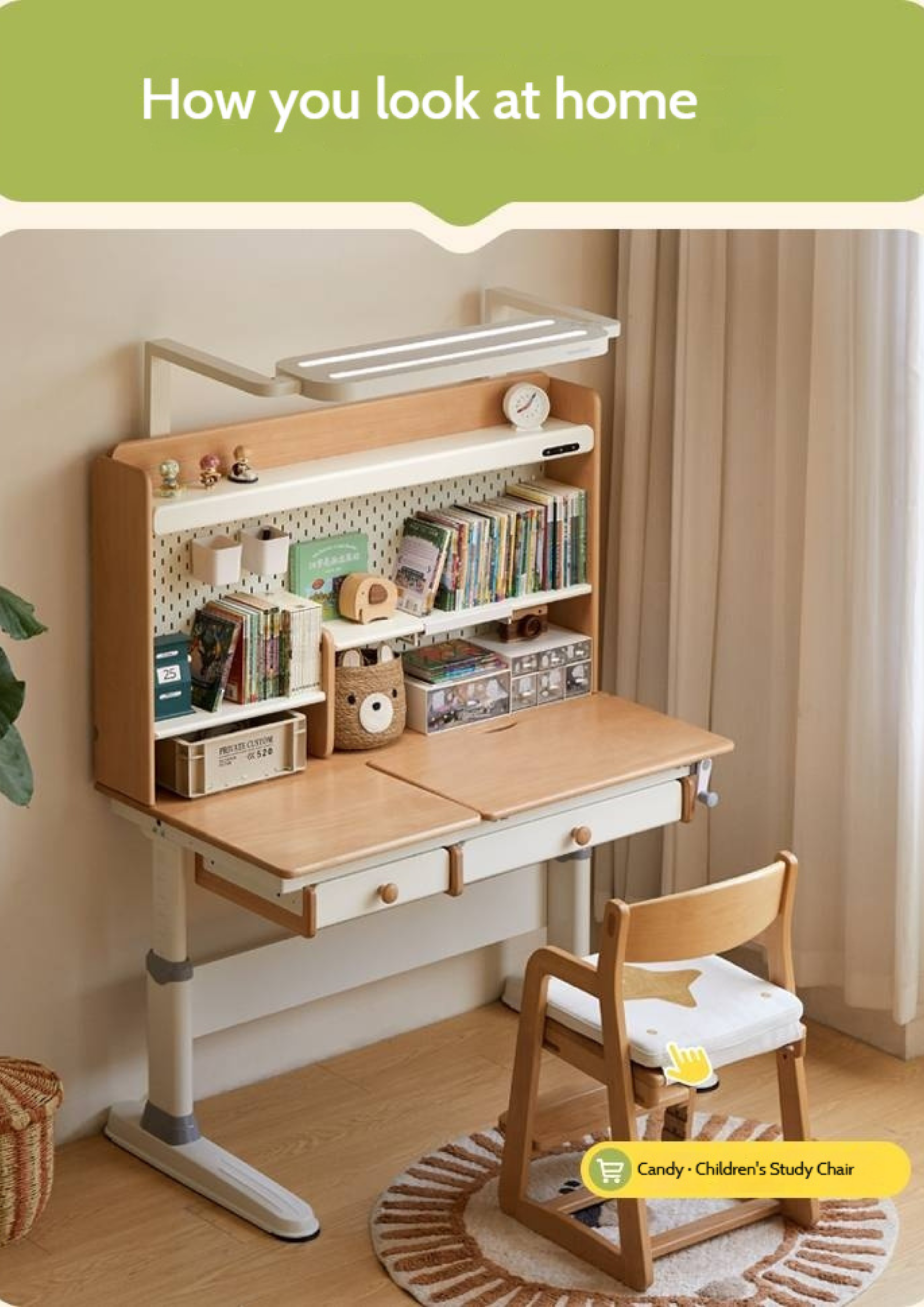 Beech Solid Wood Height Adjustable Children's Learning Desk with Eye-Protection Lamp