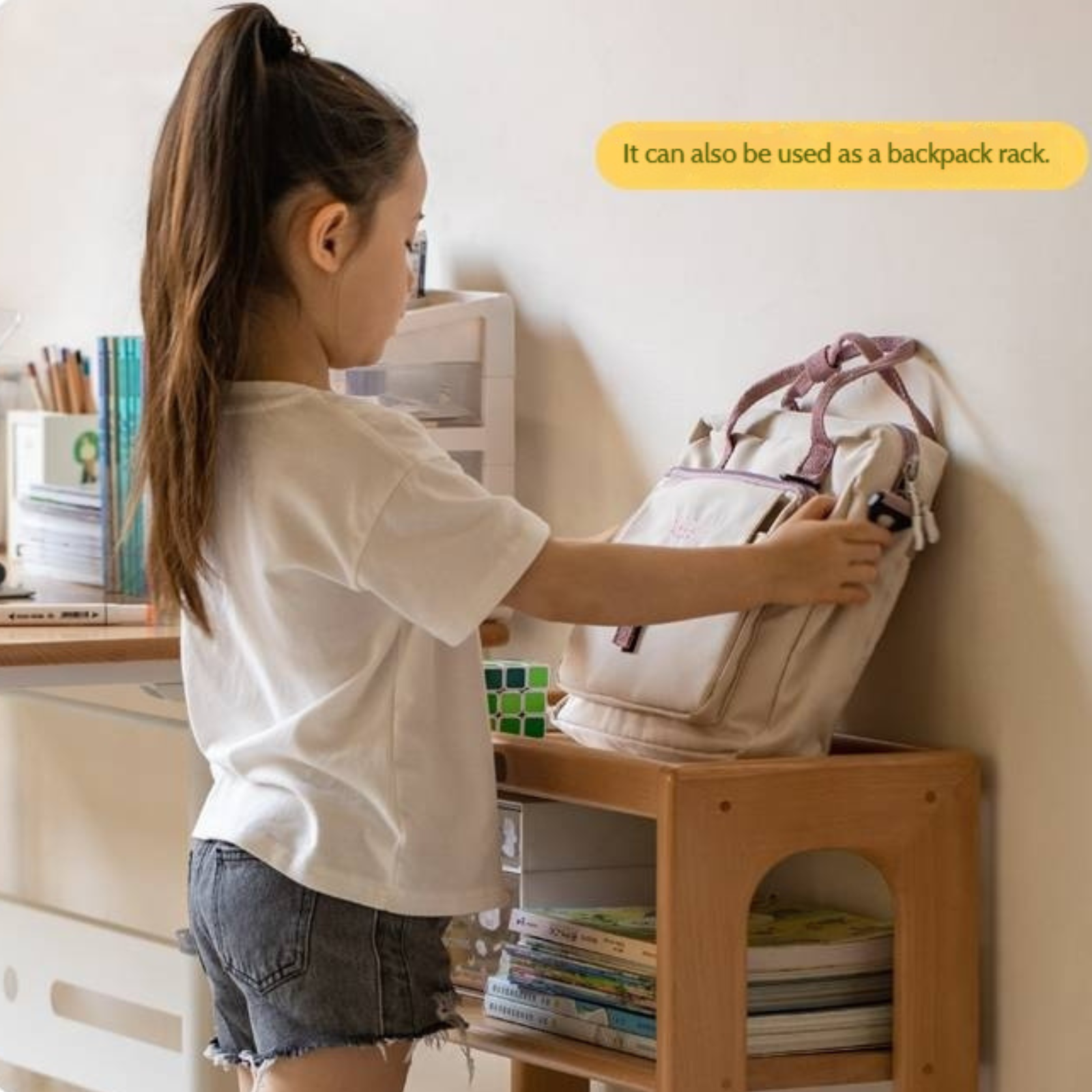 Beech Solid Wood Movable Children's Montessori Under-Table Bookshelf with Wheels