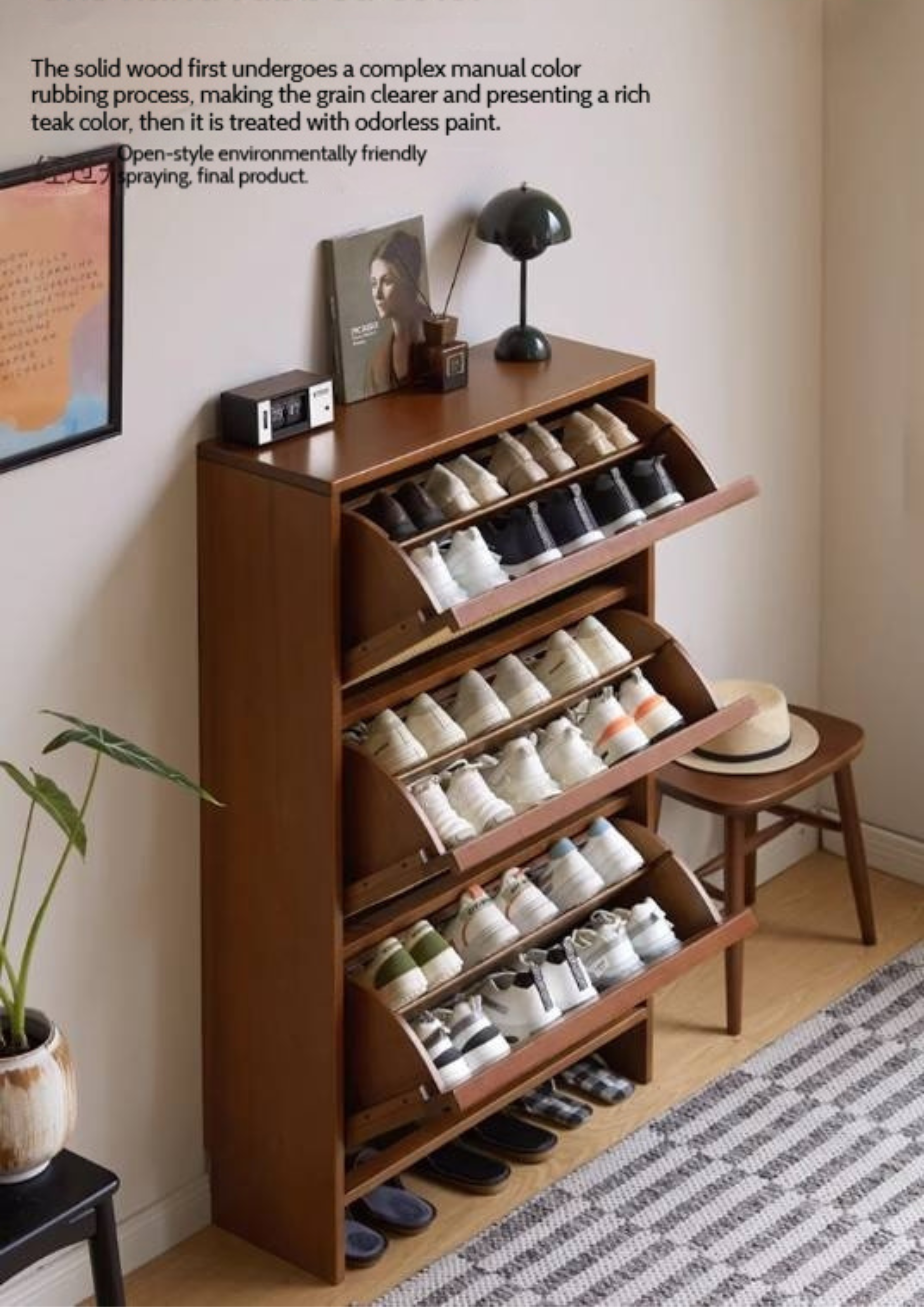 Tulipwood Solid Wood Rattan Shoe Cabinet Antique Style