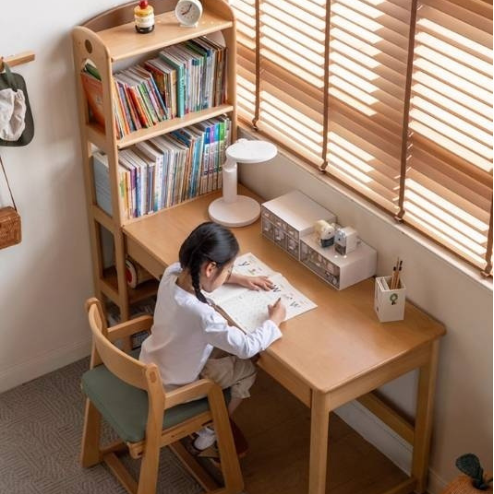 Beech Solid Wood Children's Desk and Bookshelf