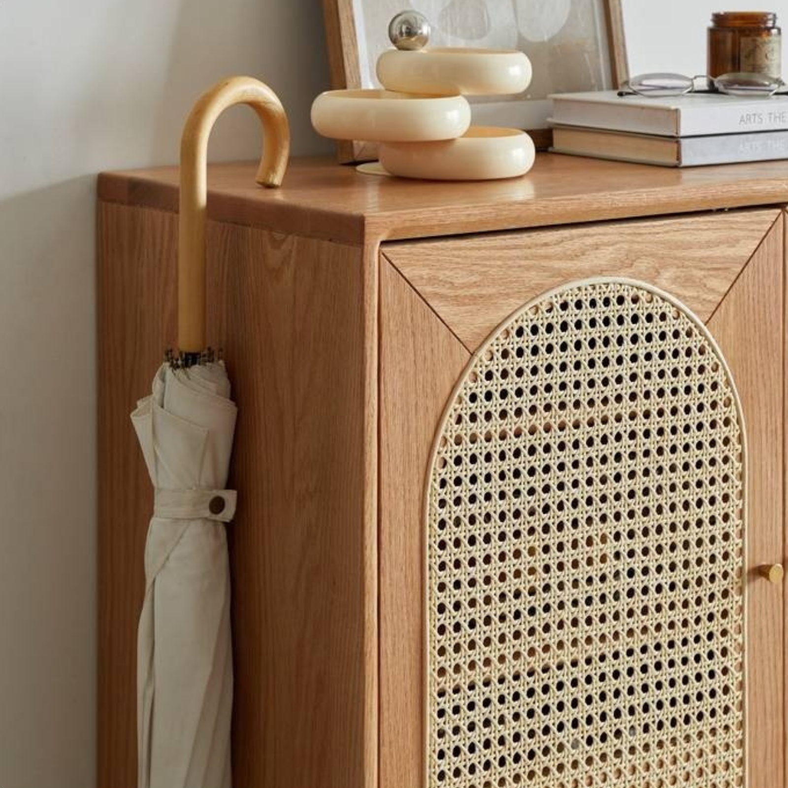 Oak Solid Wood Rattan Shoe Cabinet