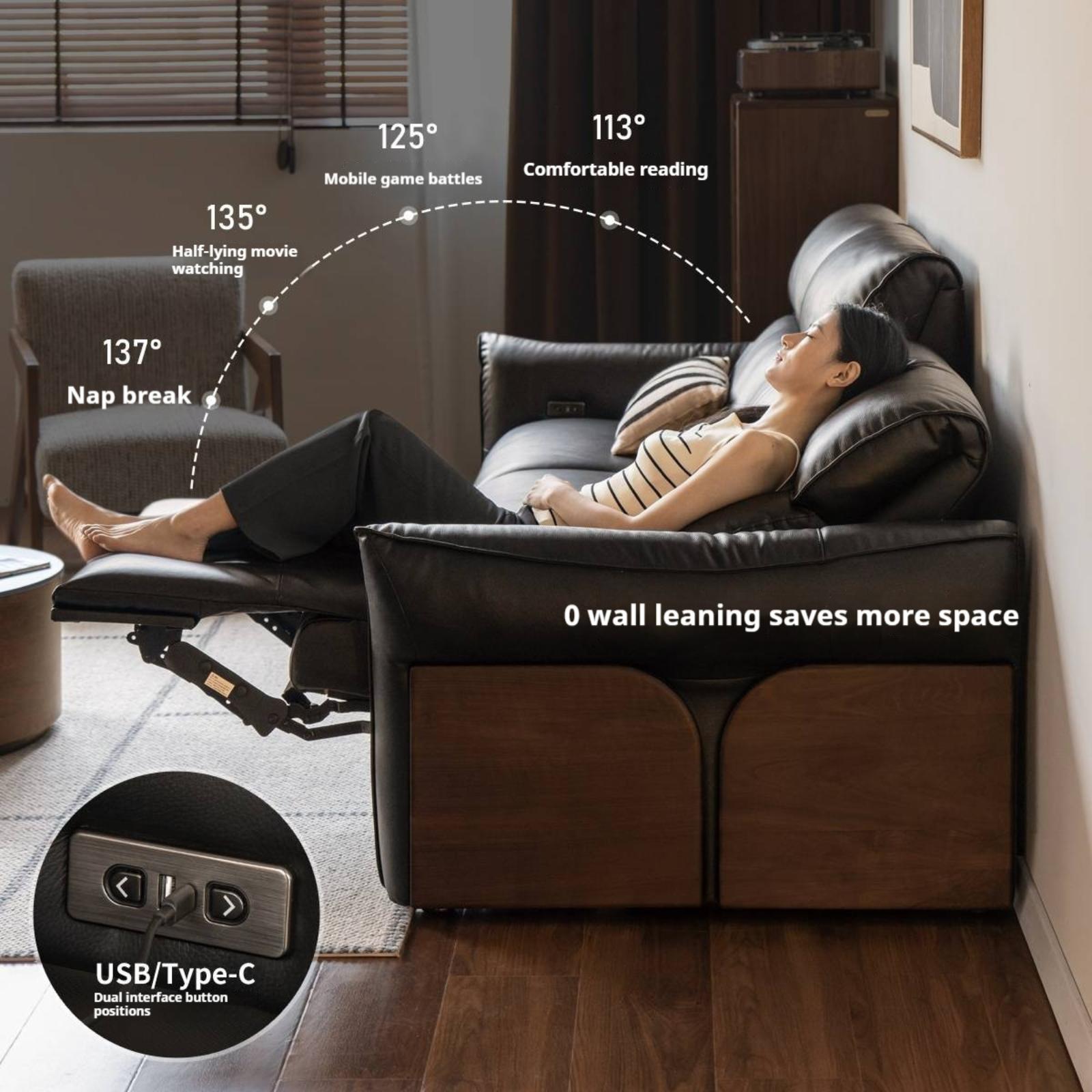 Black walnut solid wood Top Grain Genuine Leather Zero Wall Power Reclining Sofa
