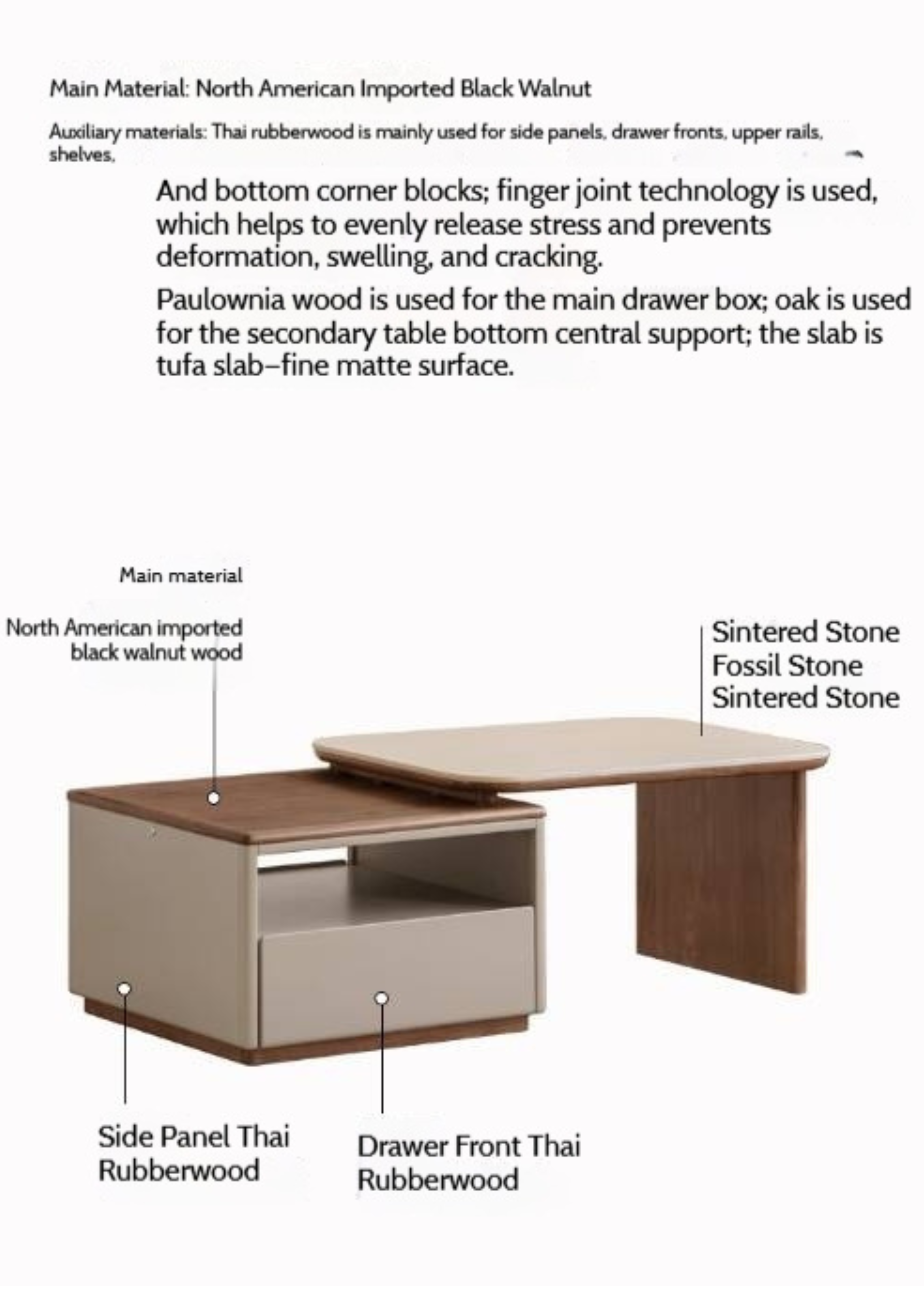 Black Walnut Solid Wood Italian Light Luxury Rock Plate Coffee Table