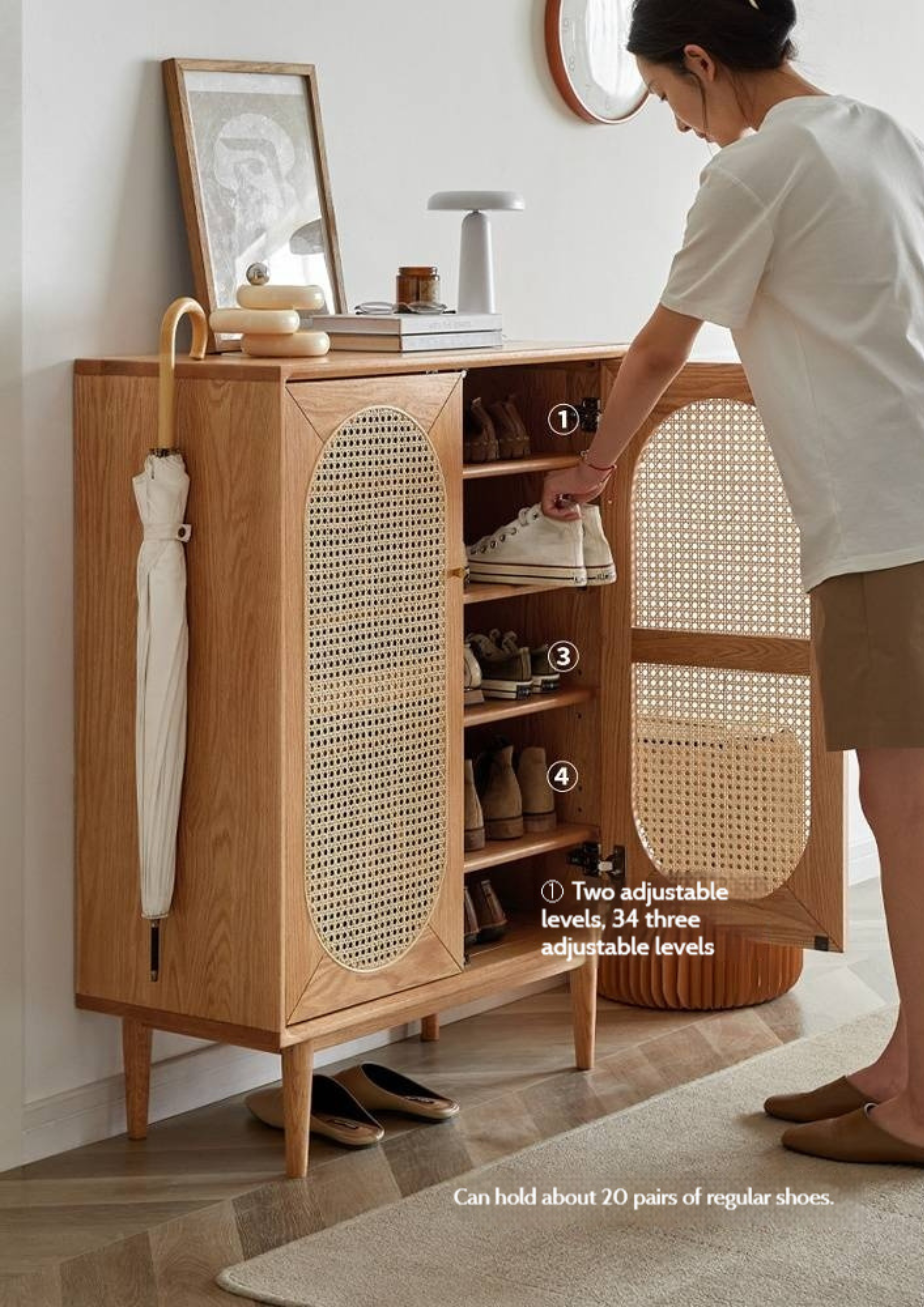 Oak Solid Wood Rattan Shoe Cabinet