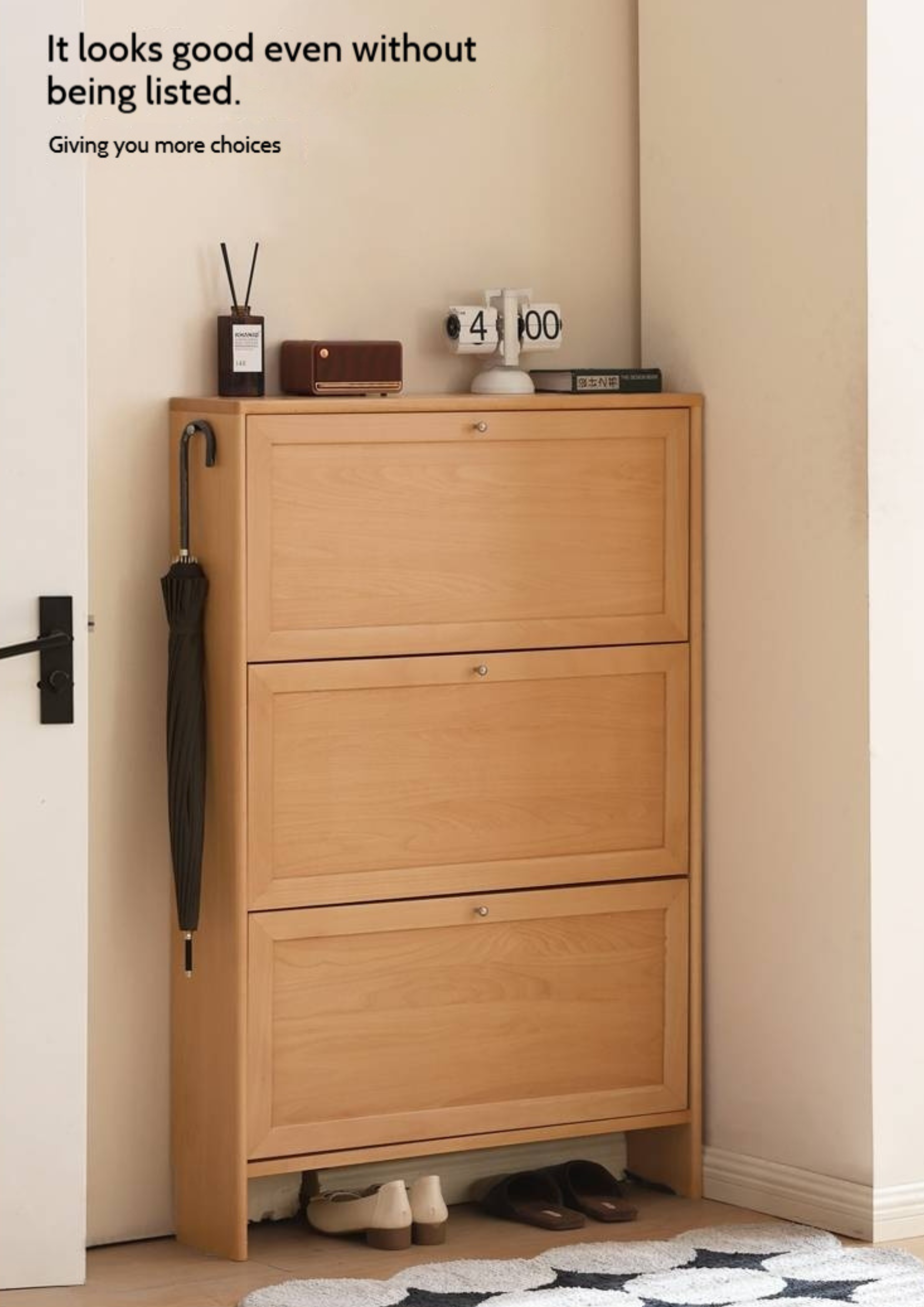 Beech Solid Wood Ultra-Thin Flip Bucket Shoe Cabinet