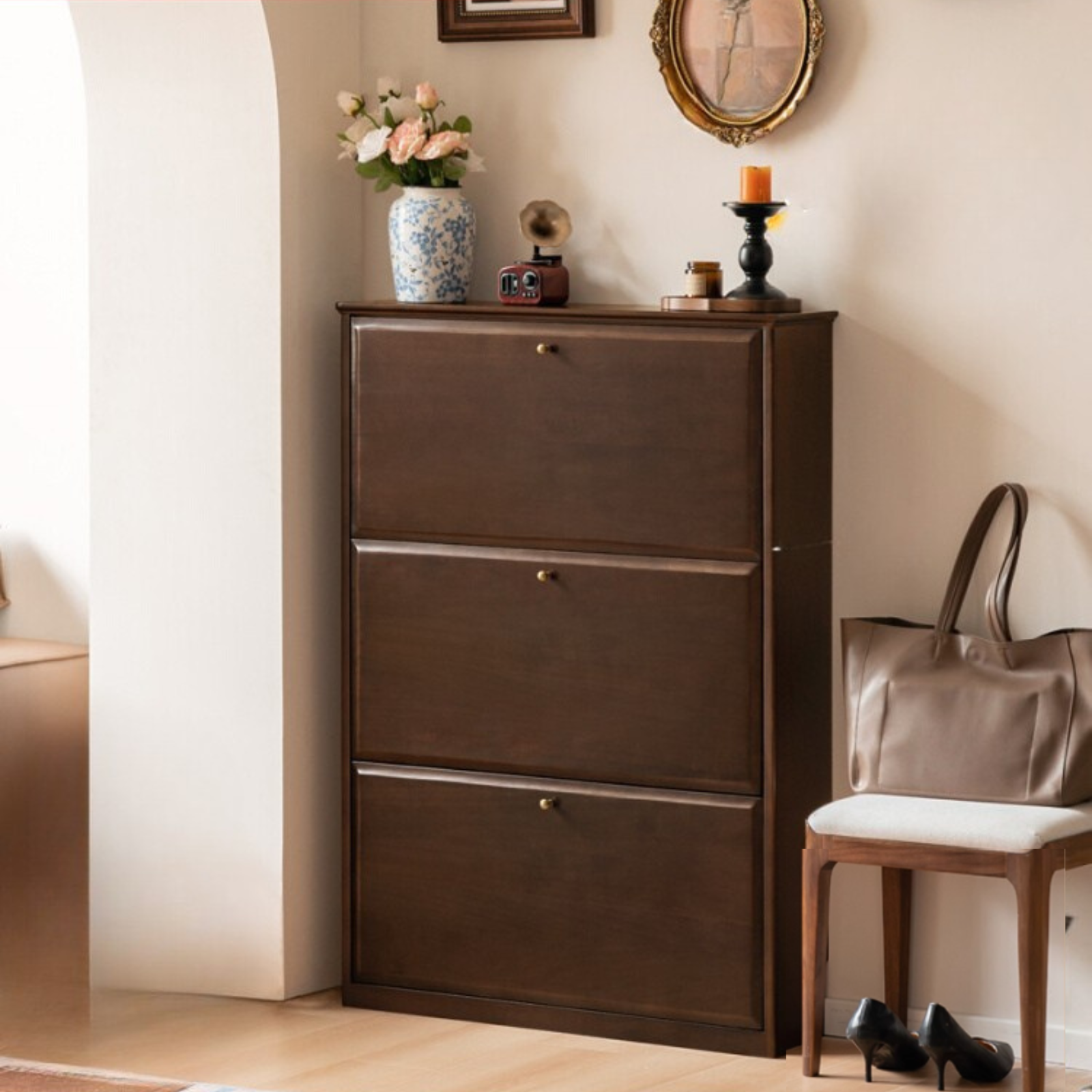 Poplar, Solid Rubber Wood Retro Narrow Shoe Cabinet