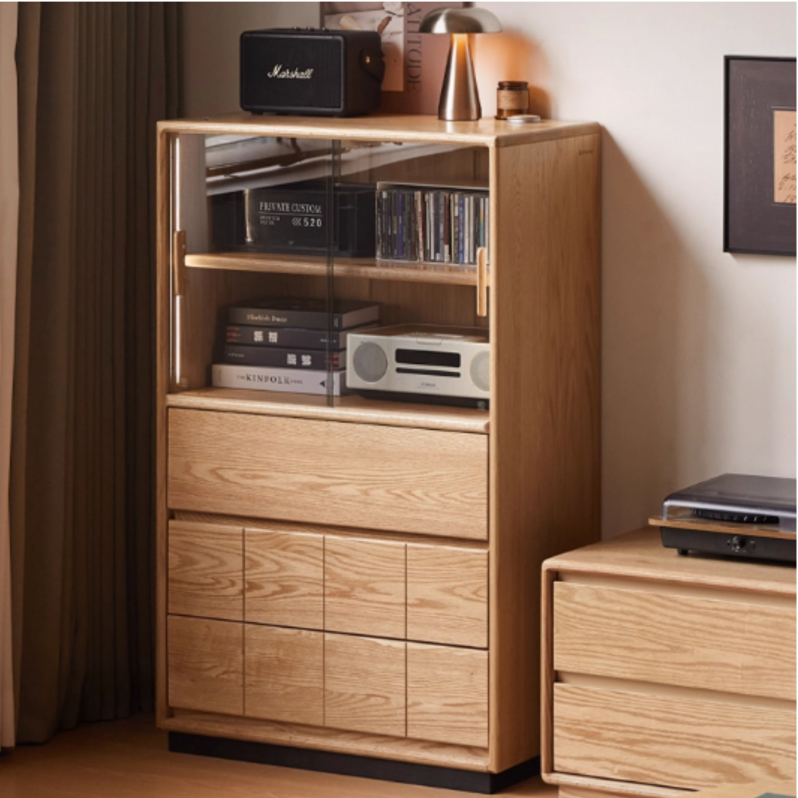 Oak Solid Wood Modern Side Cabinet with Light
