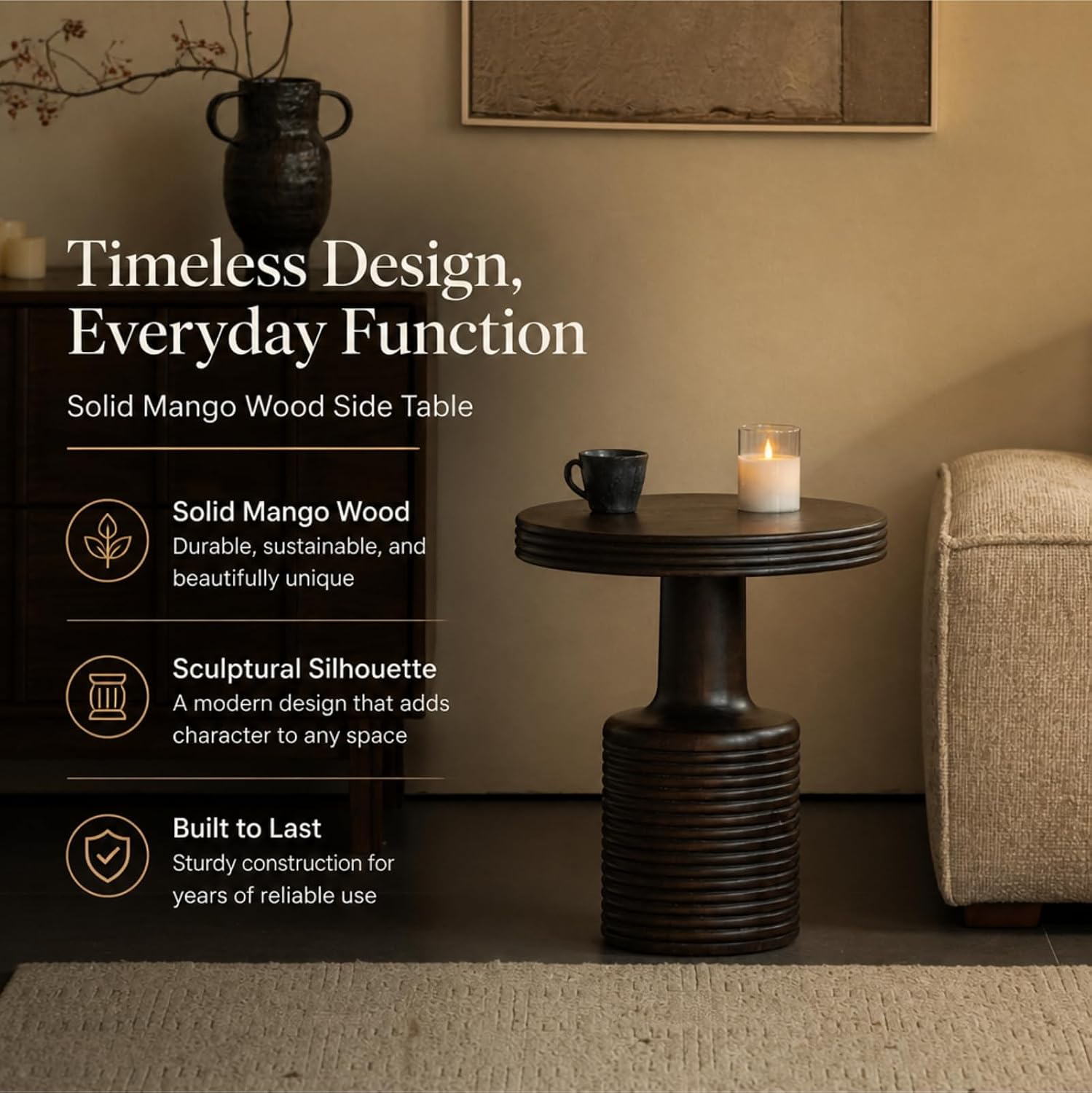 Mango Solid Wood Sculptural Side Table with Carved Legs