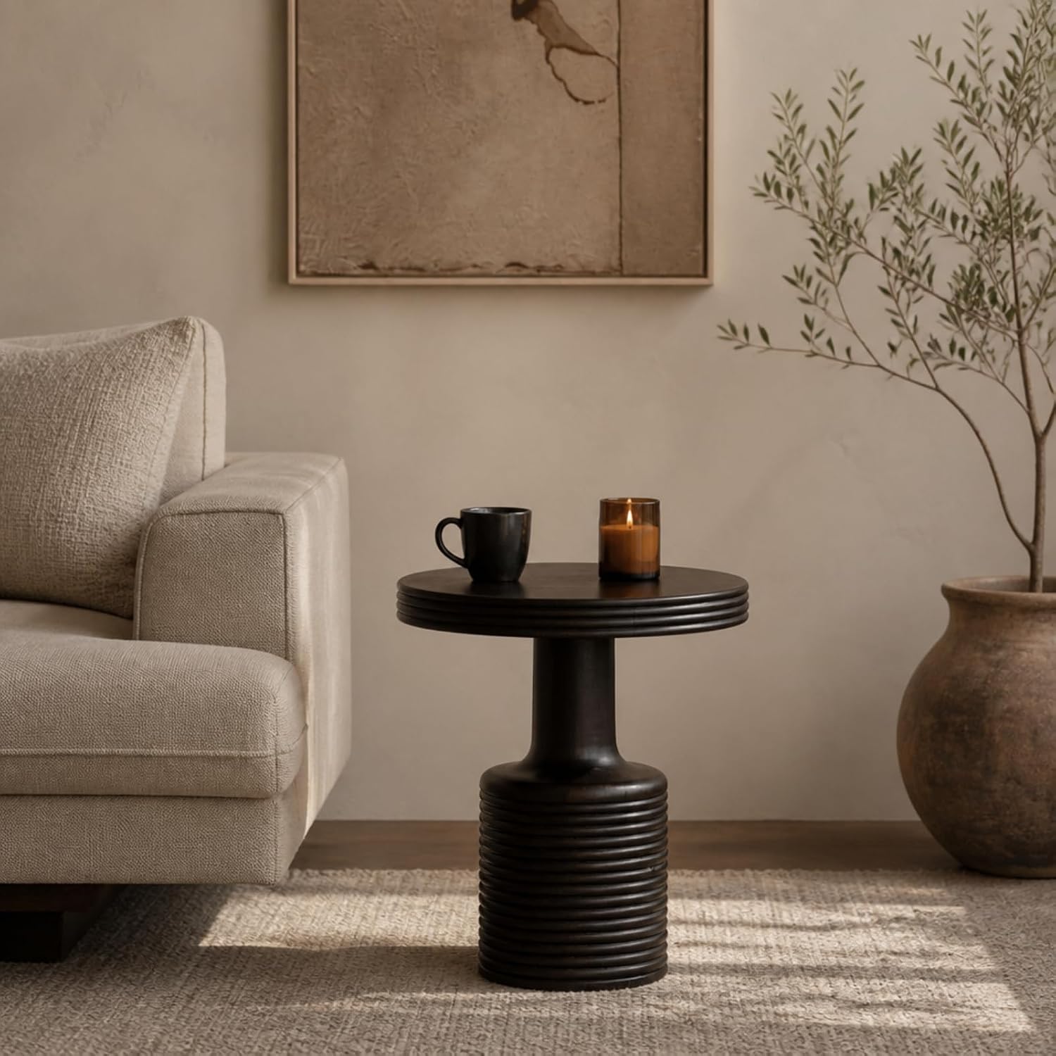 Mango Solid Wood Sculptural Side Table with Carved Legs