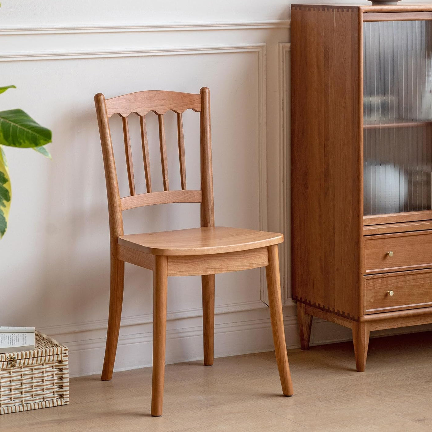 Cherry Solid Wood Spindle Back Dining Chair with Saddle Seat