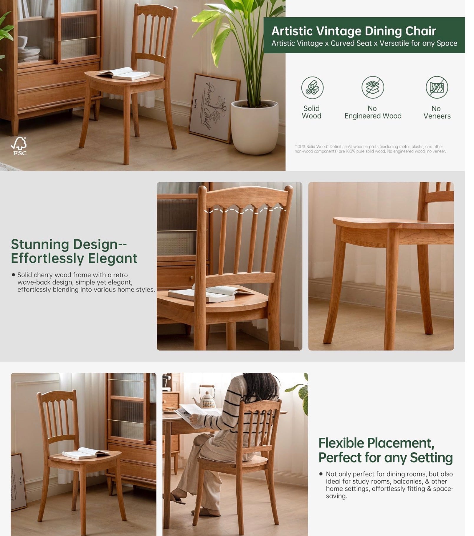 Cherry Solid Wood Spindle Back Dining Chair with Saddle Seat