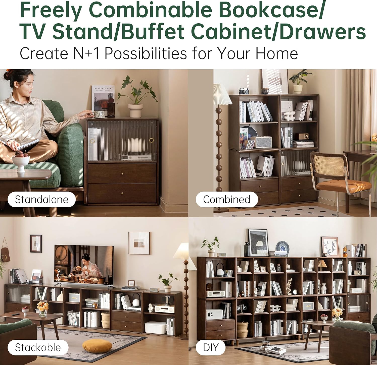 Rubberwood Solid Wood Modular Bookcase and TV Stand Combo