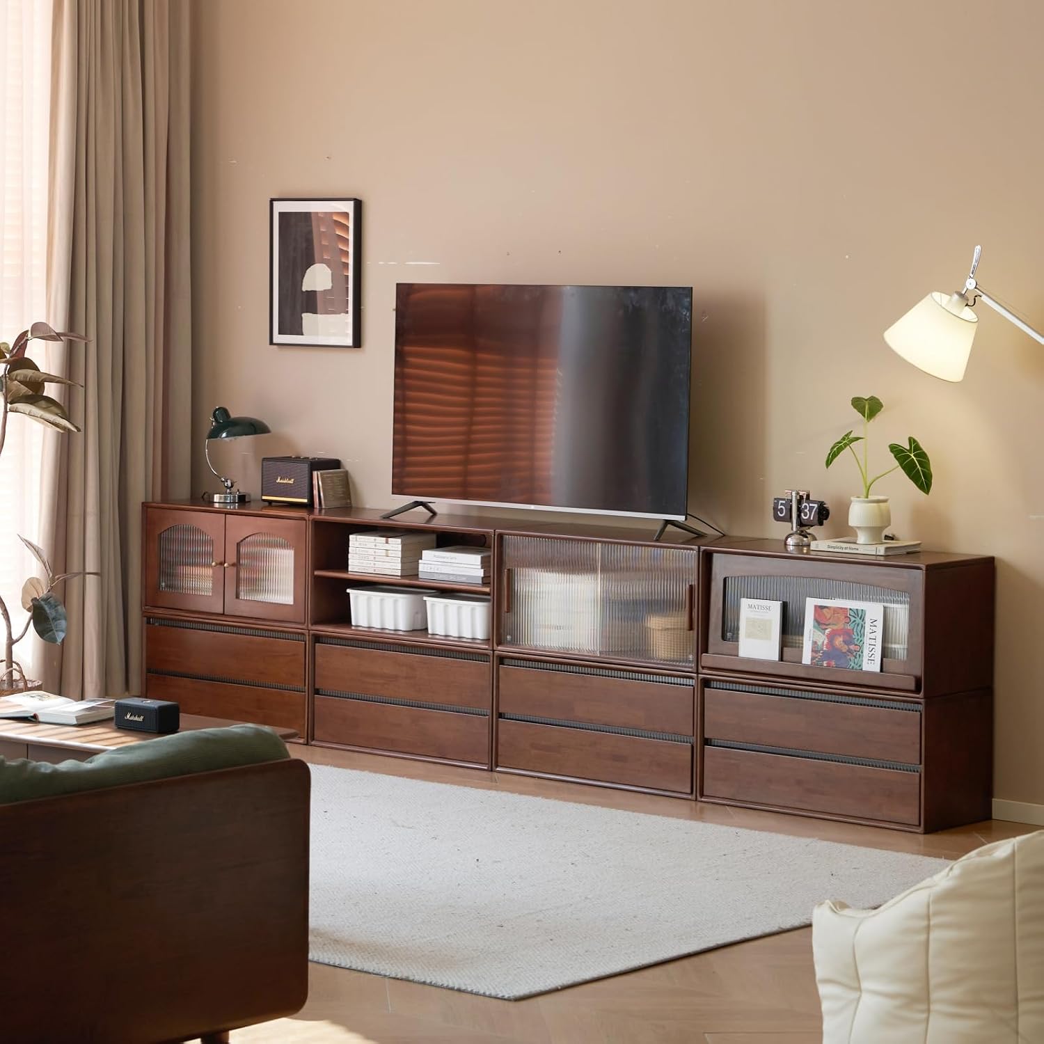 Rubberwood Solid Wood Modular Bookcase and TV Stand Combo