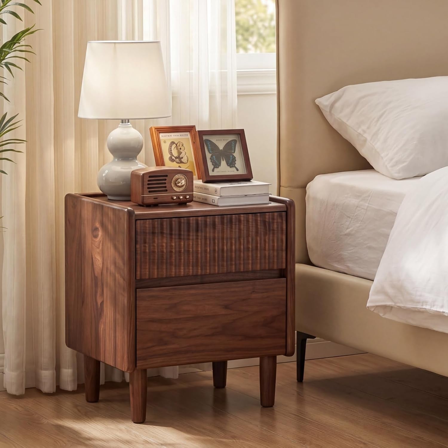 Black Walnut Solid Wood Fluted Nightstand with Two Drawers and Tapered Legs