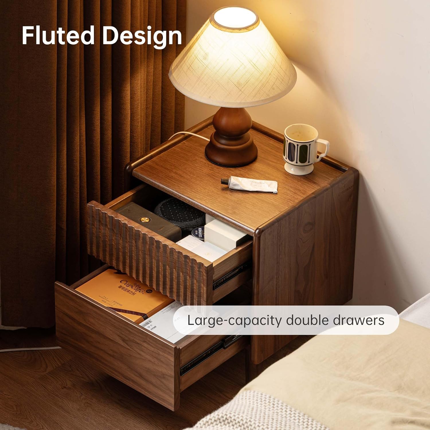 Black Walnut Solid Wood Fluted Nightstand with Two Drawers and Tapered Legs