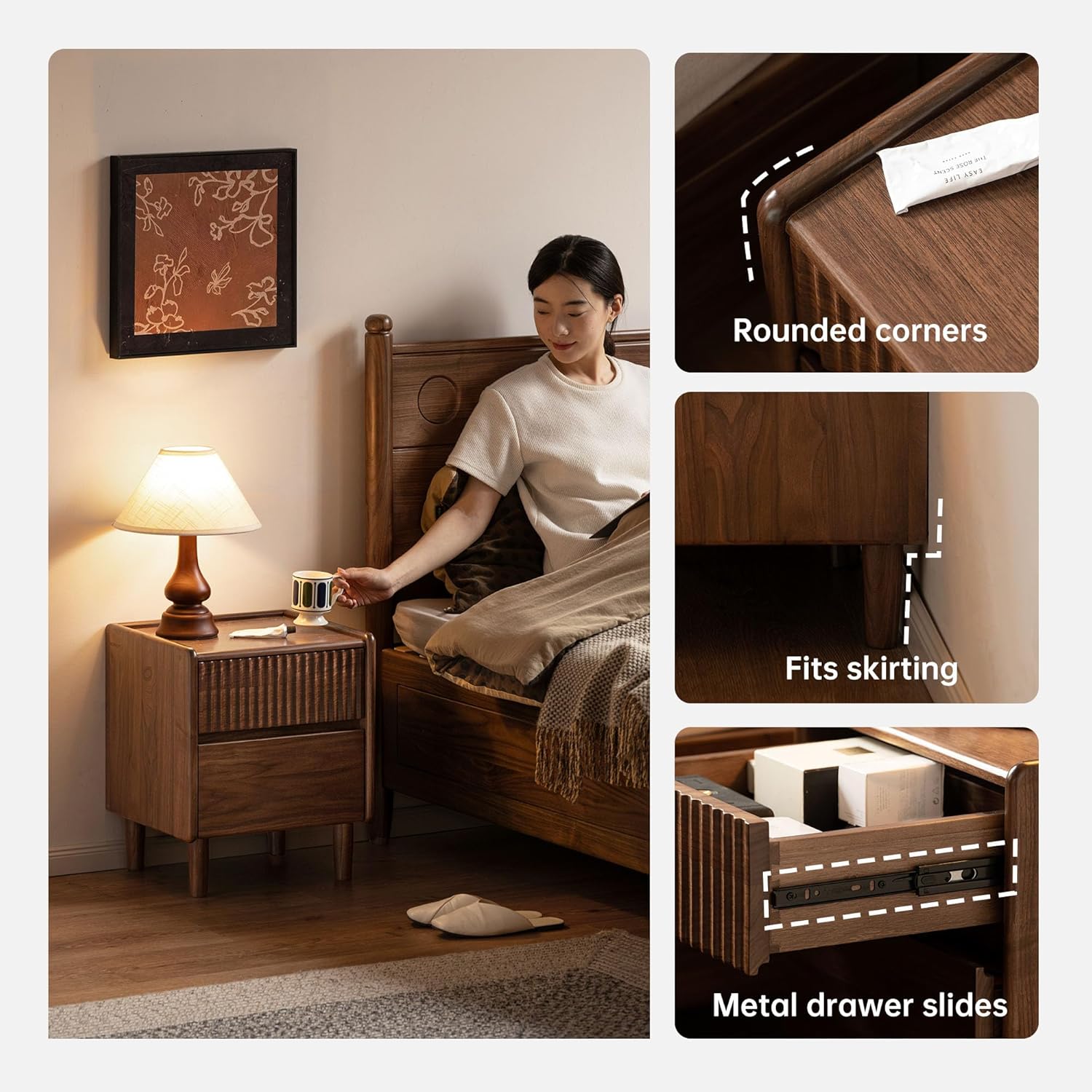 Black Walnut Solid Wood Fluted Nightstand with Two Drawers and Tapered Legs