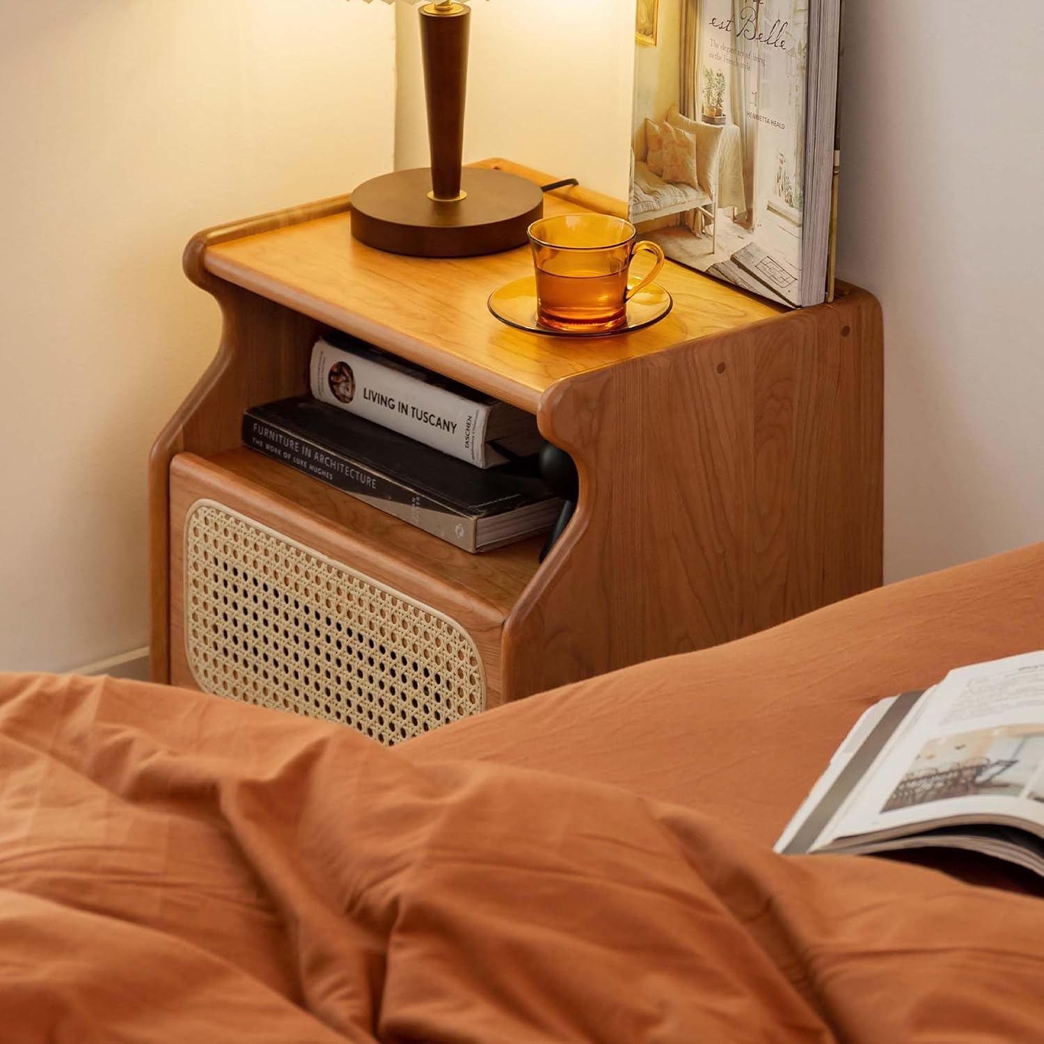 Oak, Cherry Solid Wood Rattan Nightstand