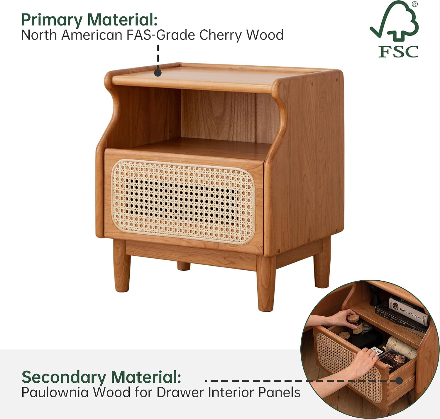 Oak, Cherry Solid Wood Rattan Nightstand