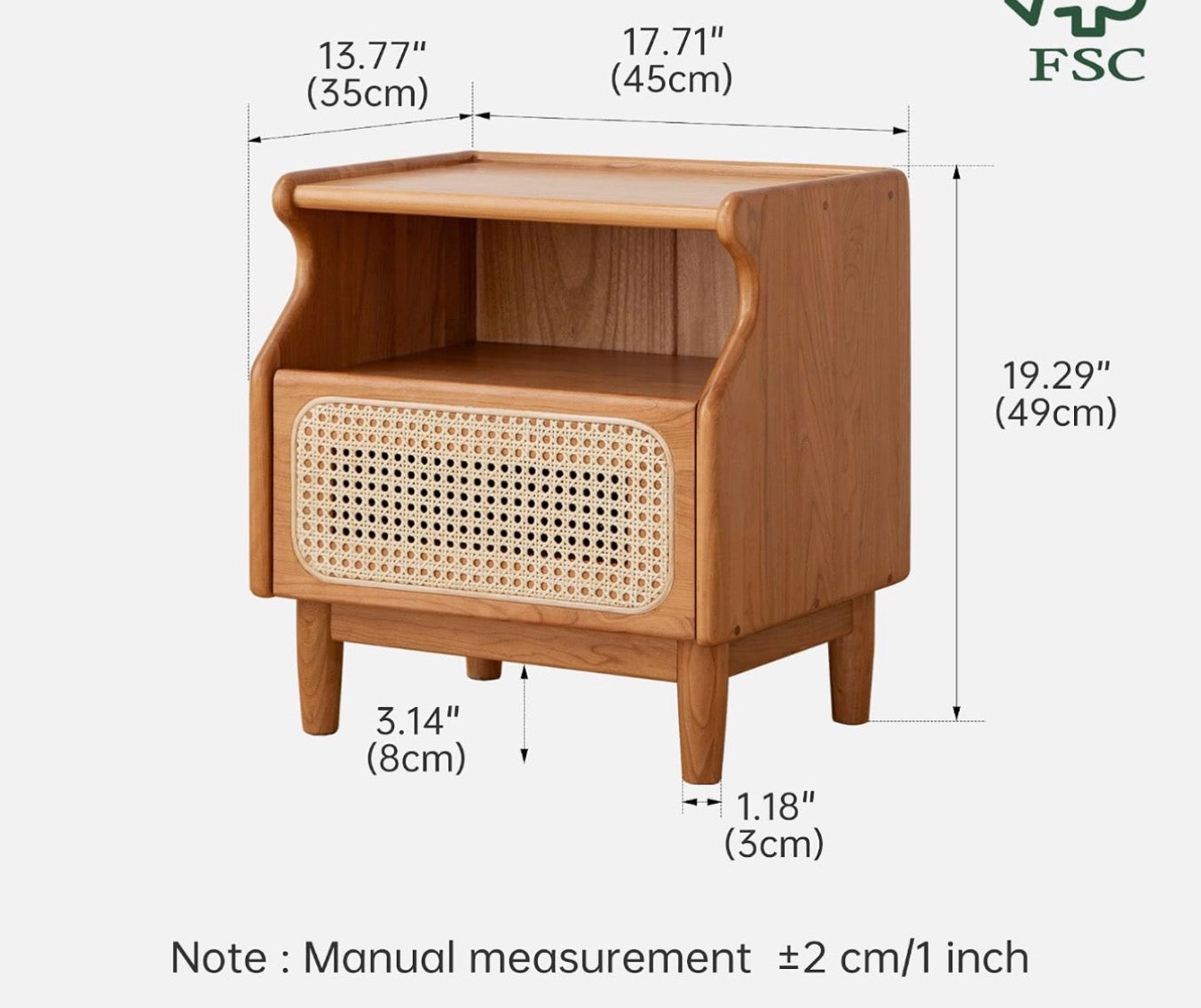 Oak, Cherry Solid Wood Rattan Nightstand