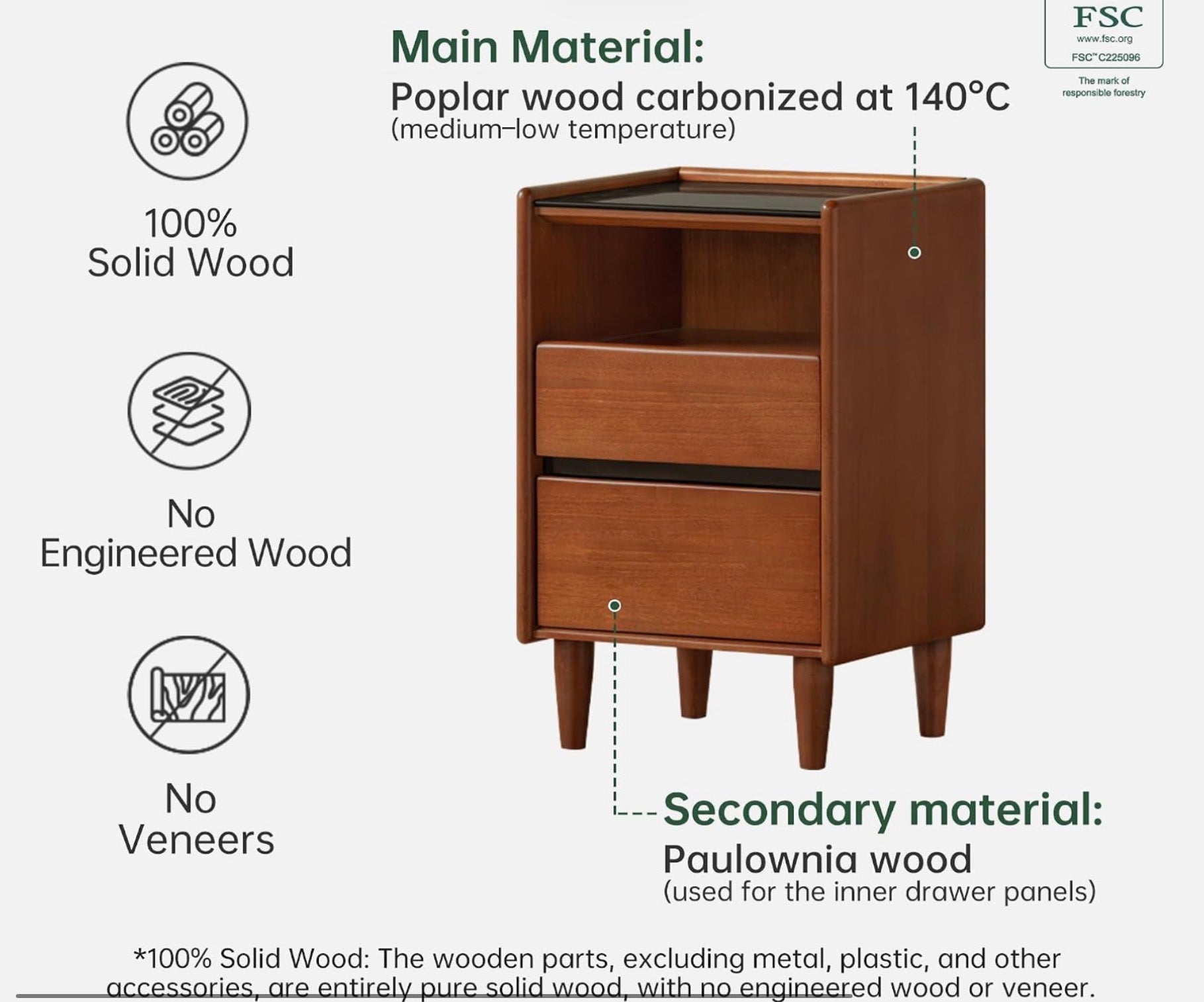 Poplar Solid Wood Teak Color Nightstand