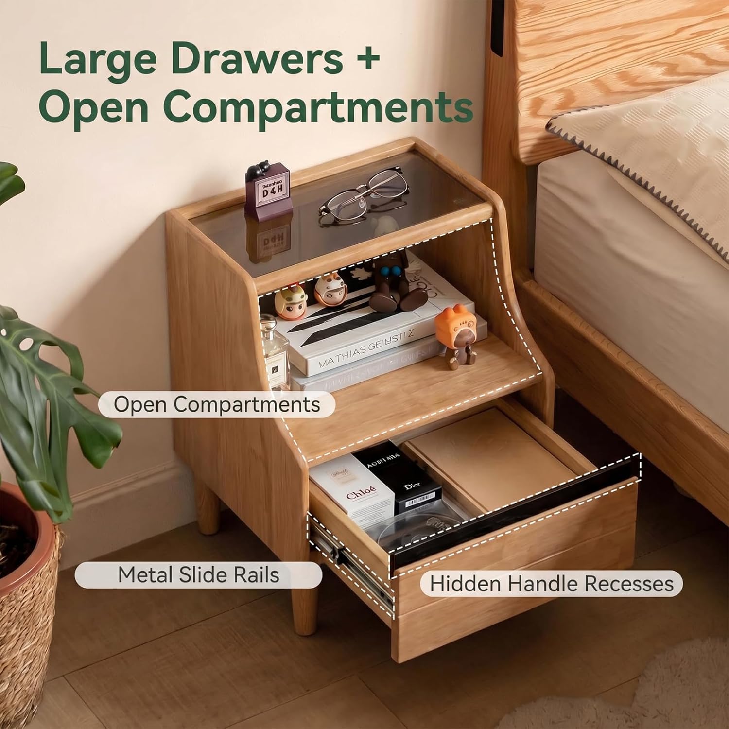 Oak Solid Wood, Solid RubberWood Nightstand with Glass Door with Storage