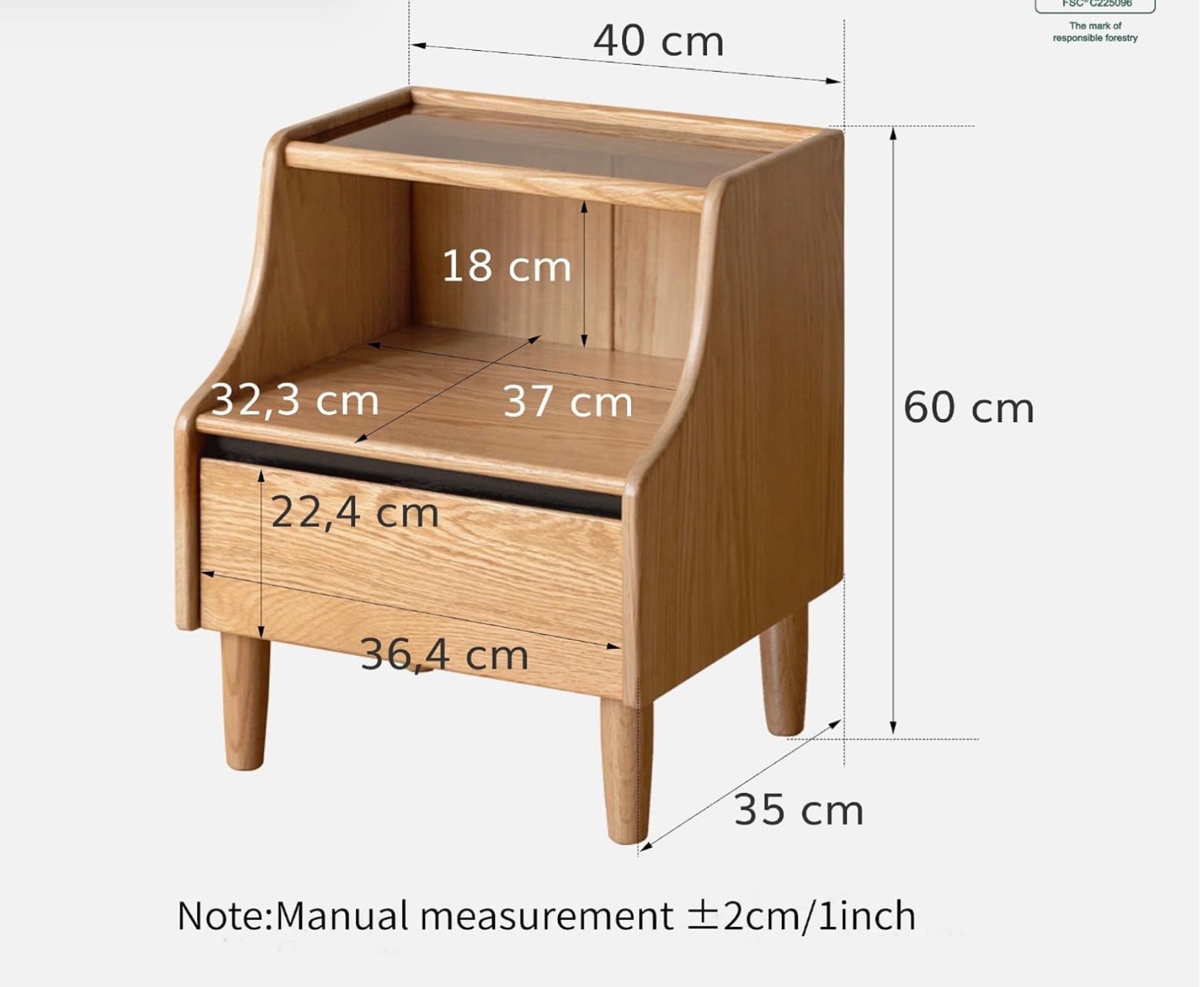Oak Solid Wood, Solid RubberWood Nightstand with Glass Door with Storage
