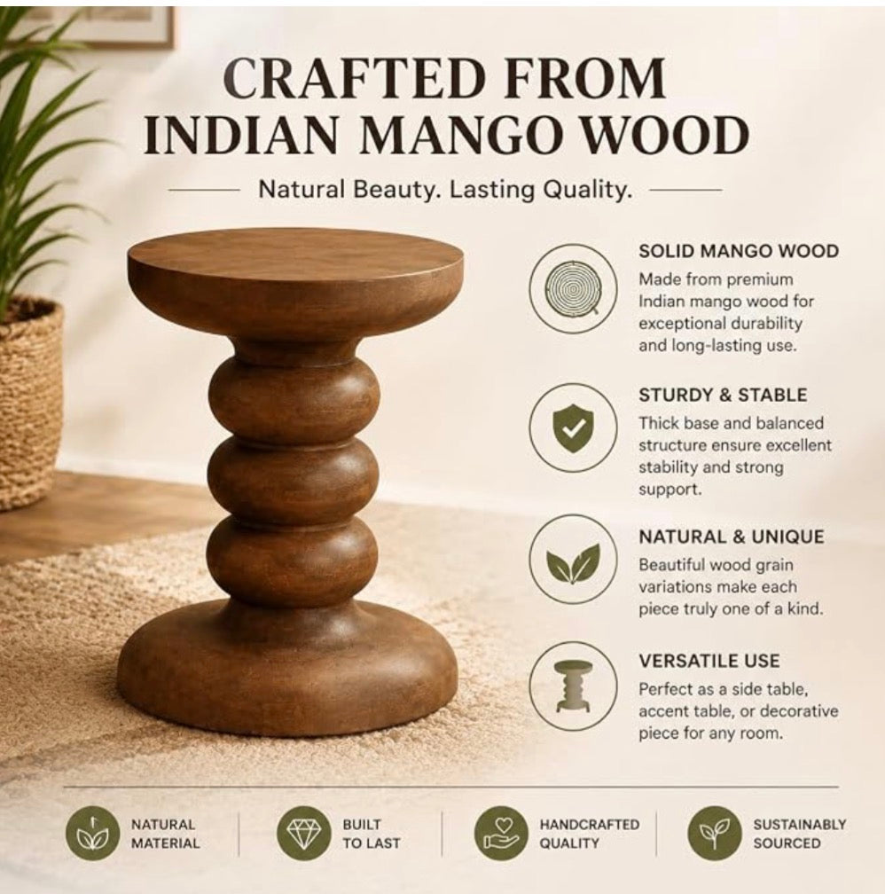 Mango Solid Wood Sculptural Side Table with Carved Legs