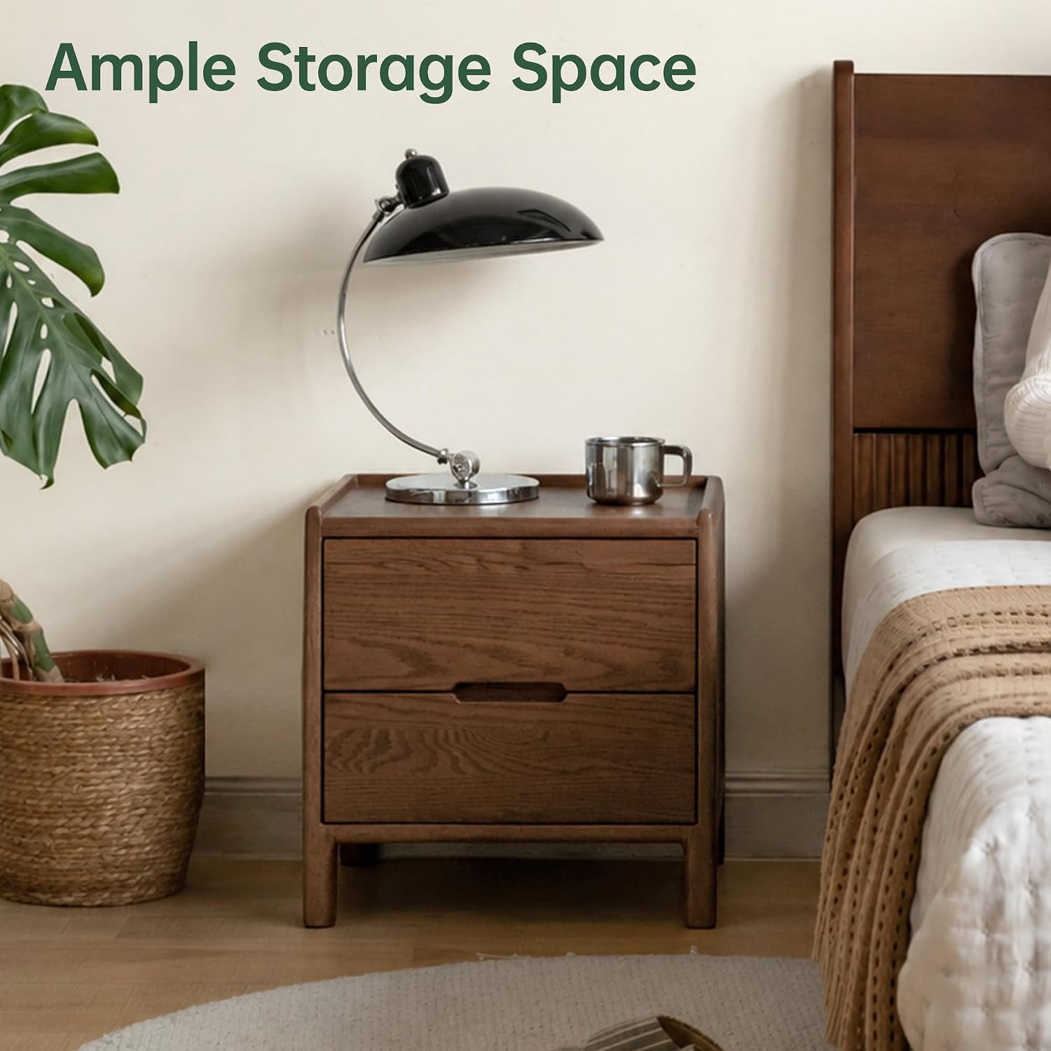 Oak Solid Wood 2-Drawer Nightstand with Recessed Handles