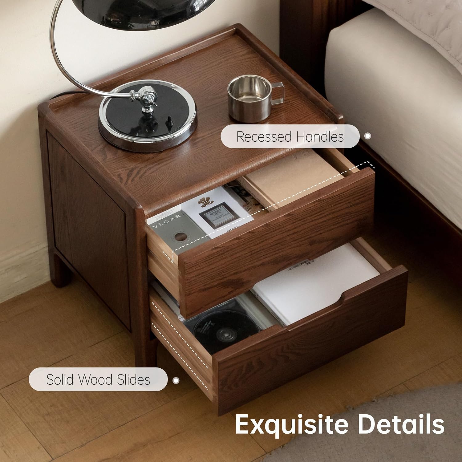 Oak Solid Wood 2-Drawer Nightstand with Recessed Handles