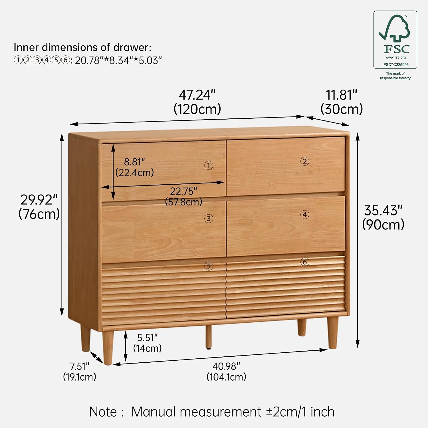 Rubberwood Solid Wood Tall Narrow Dresser with Fluted Drawer