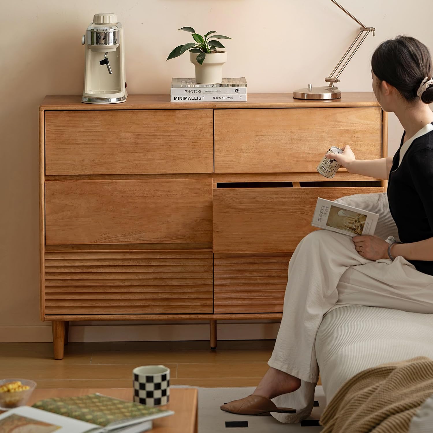 Rubberwood Solid Wood Tall Narrow Dresser with Fluted Drawer