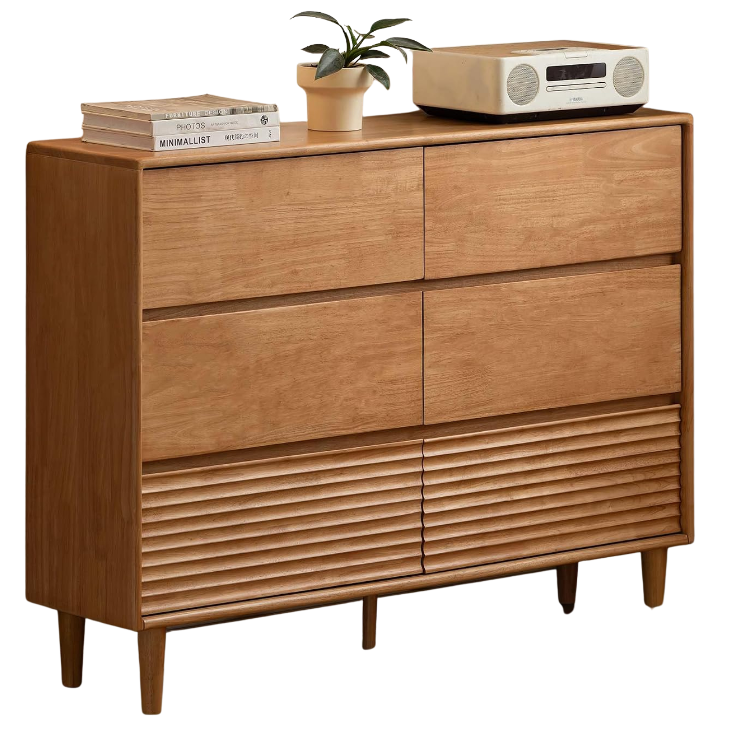 Rubberwood Solid Wood Tall Narrow Dresser with Fluted Drawer