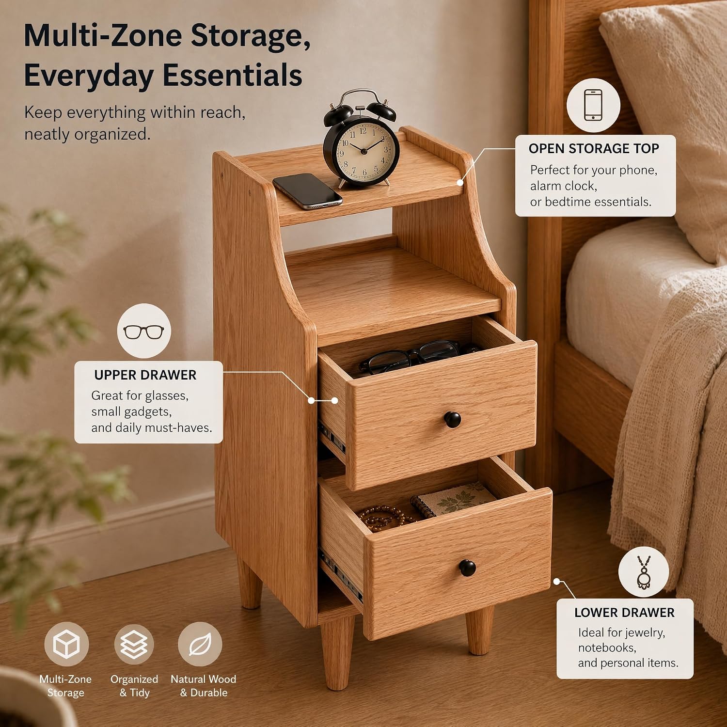 Oak, Ash Solid Wood Narrow Nightstand with Curved Top Edge