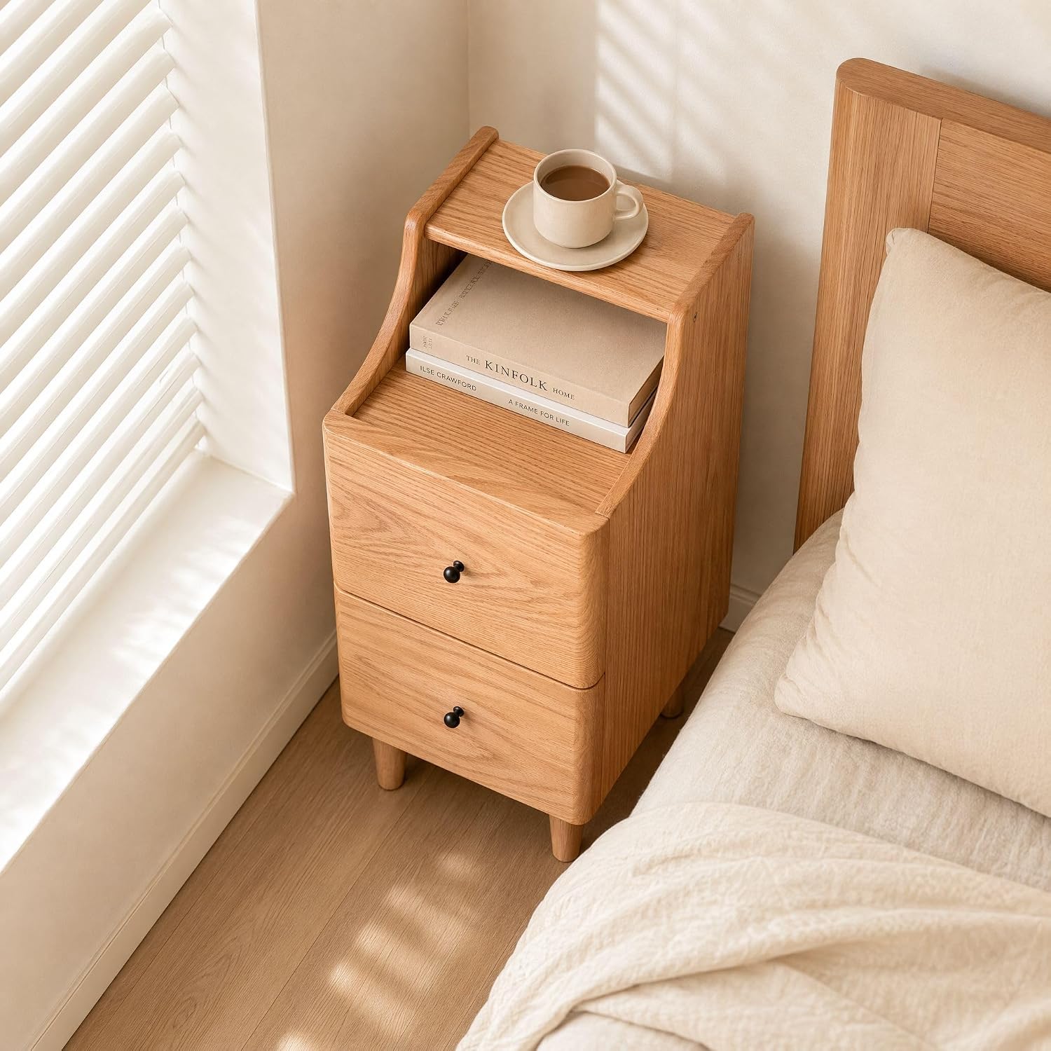 Oak, Ash Solid Wood Narrow Nightstand with Curved Top Edge