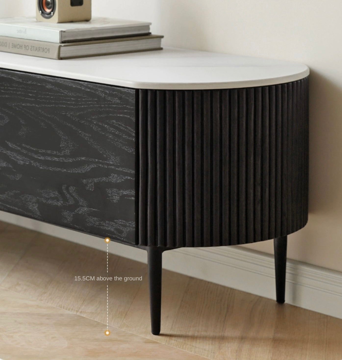 Oak solid wood slate TV cabinet French light luxury black LED lights"