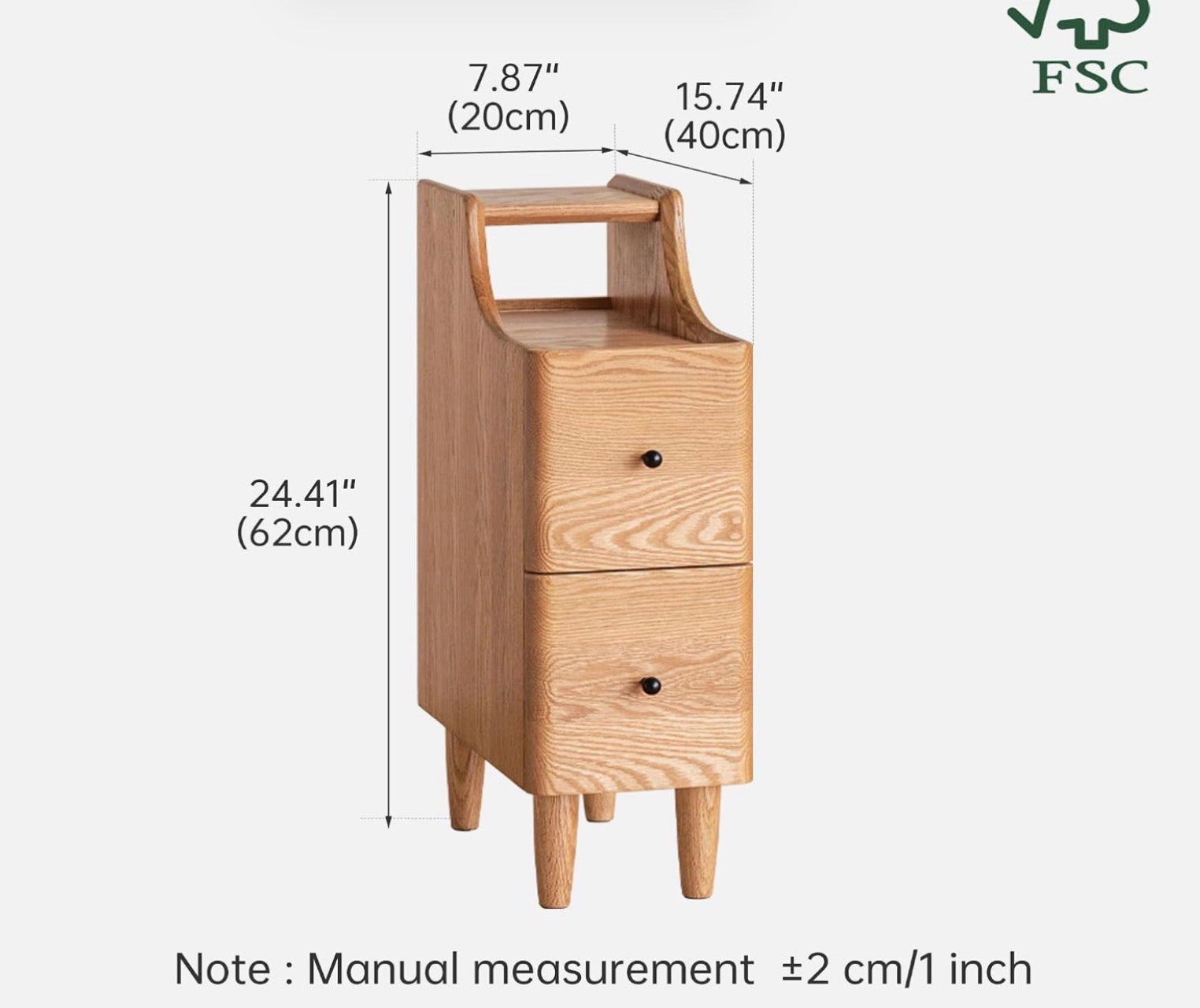 Oak, Ash Solid Wood Narrow Nightstand with Curved Top Edge