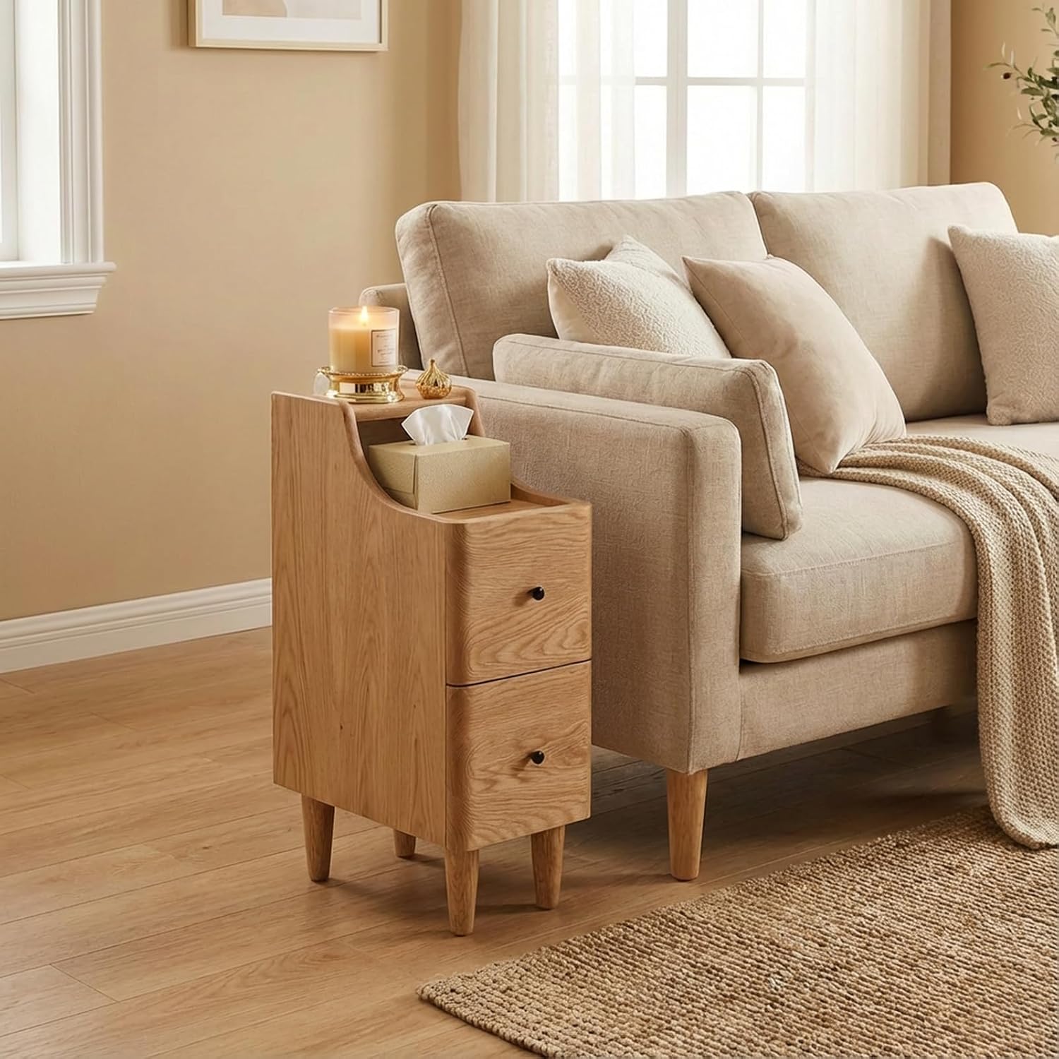 Oak, Ash Solid Wood Narrow Nightstand with Curved Top Edge