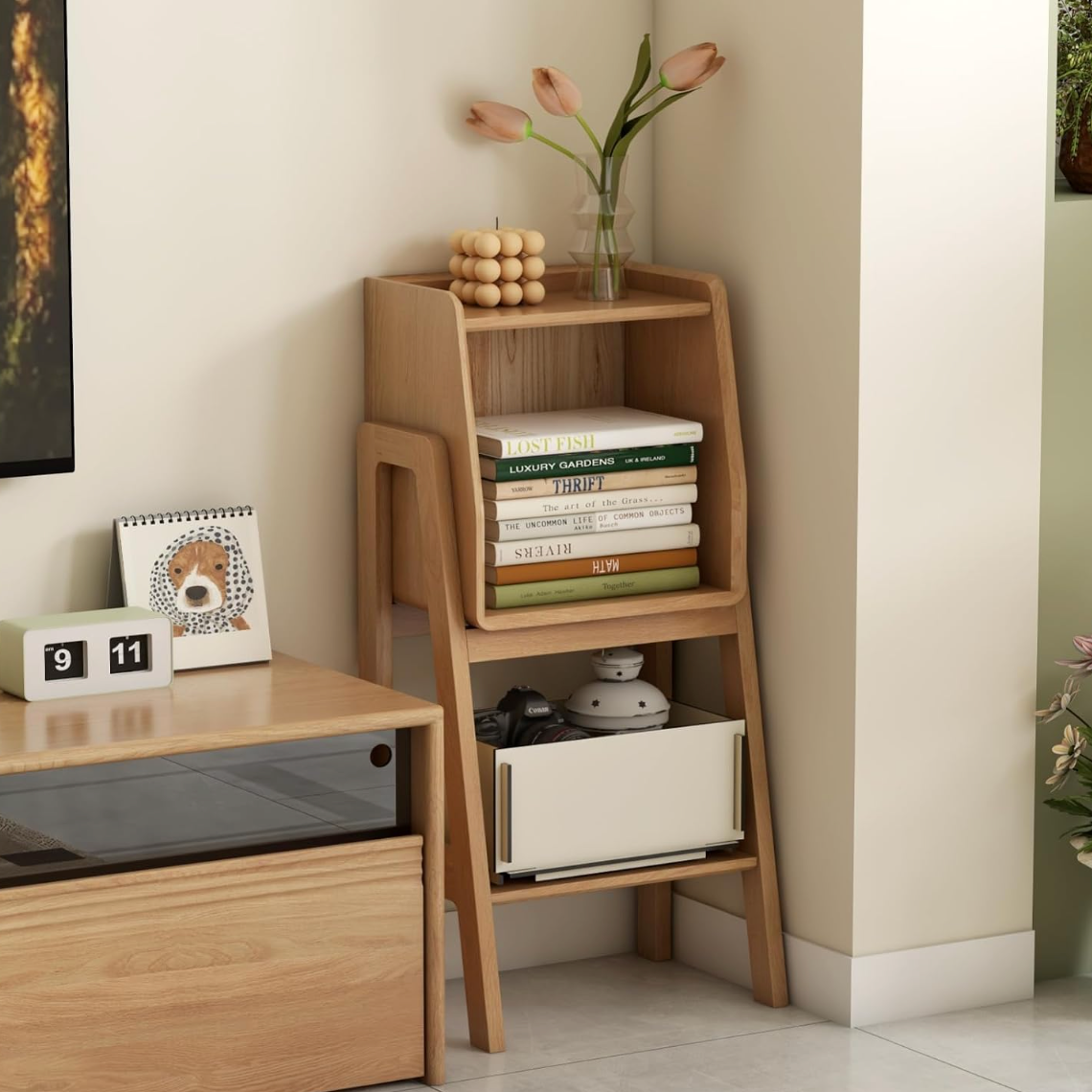 Oak Solid Wood  Ladder Side Table with Storage Shelf and Drawer