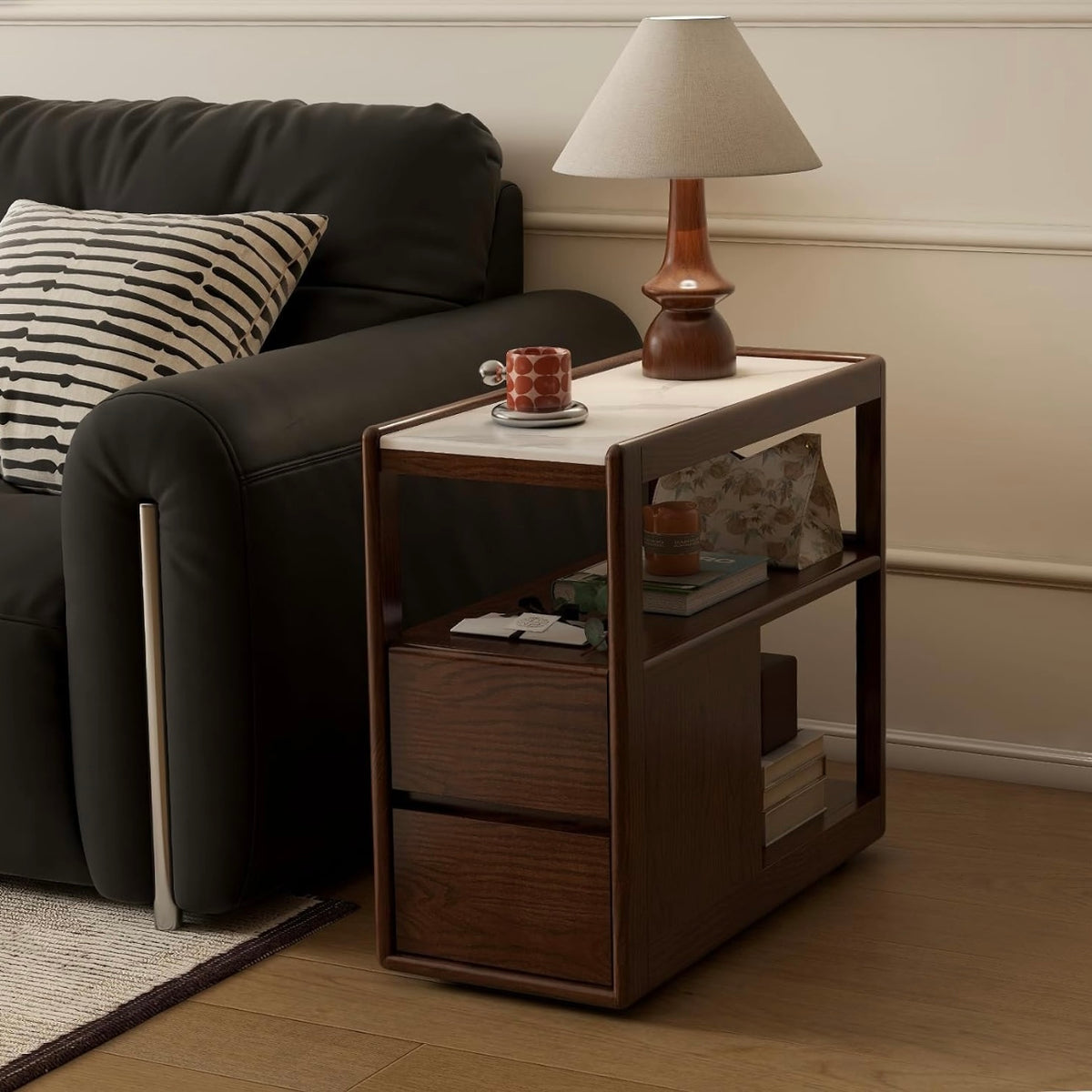 Black walnut, Oak Solid Wood Rock Plate Side Table with Storage Drawers