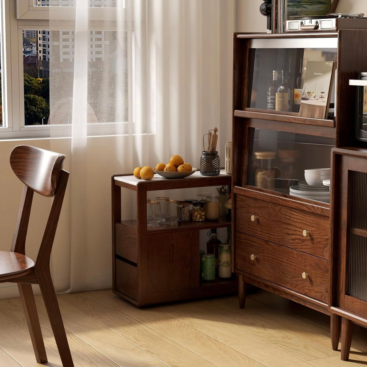 Black walnut, Oak Solid Wood Rock Plate Side Table with Storage Drawers