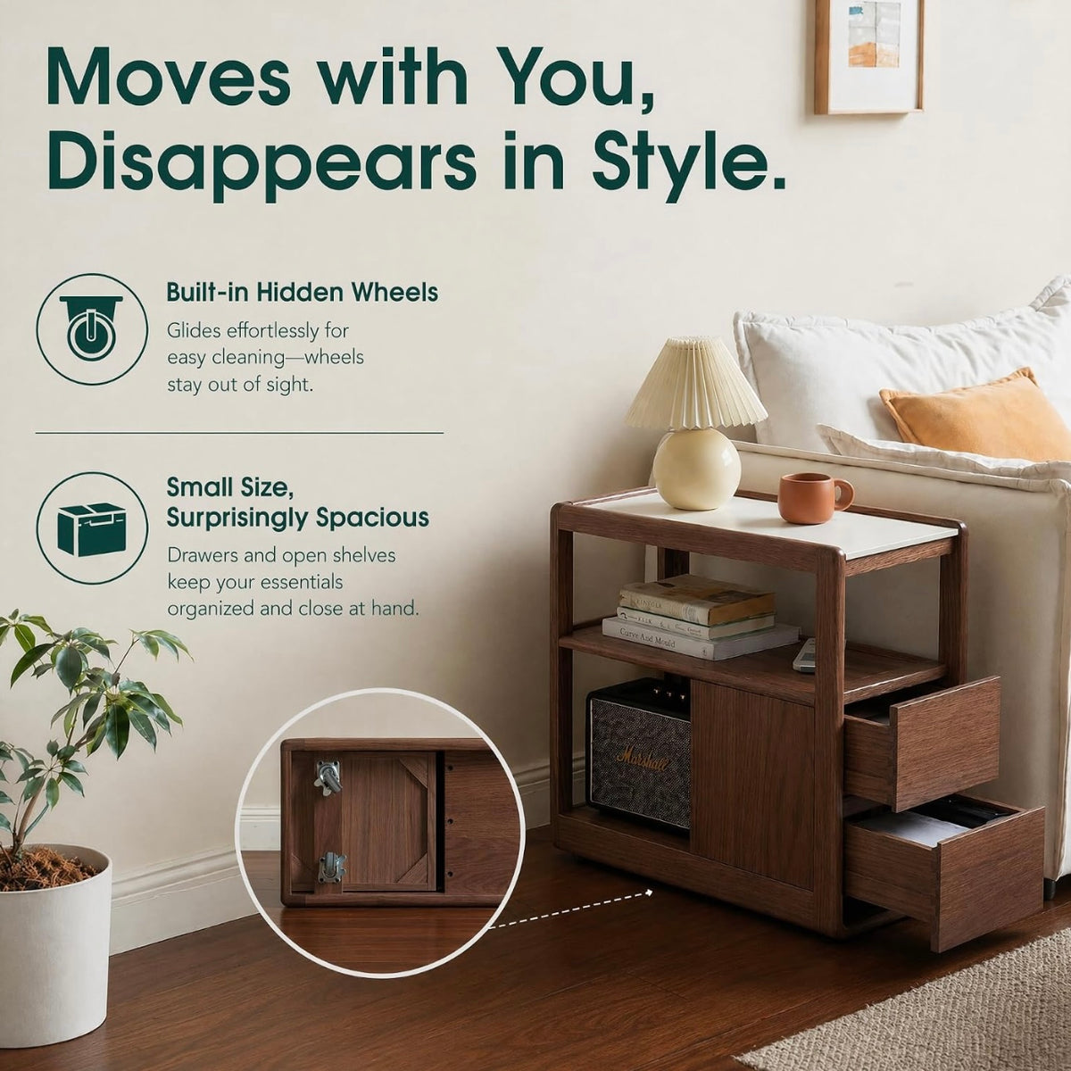 Black walnut, Oak Solid Wood Rock Plate Side Table with Storage Drawers
