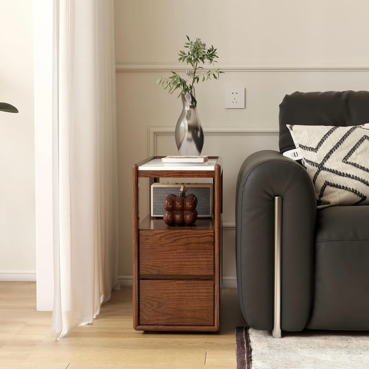 Black walnut, Oak Solid Wood Rock Plate Side Table with Storage Drawers