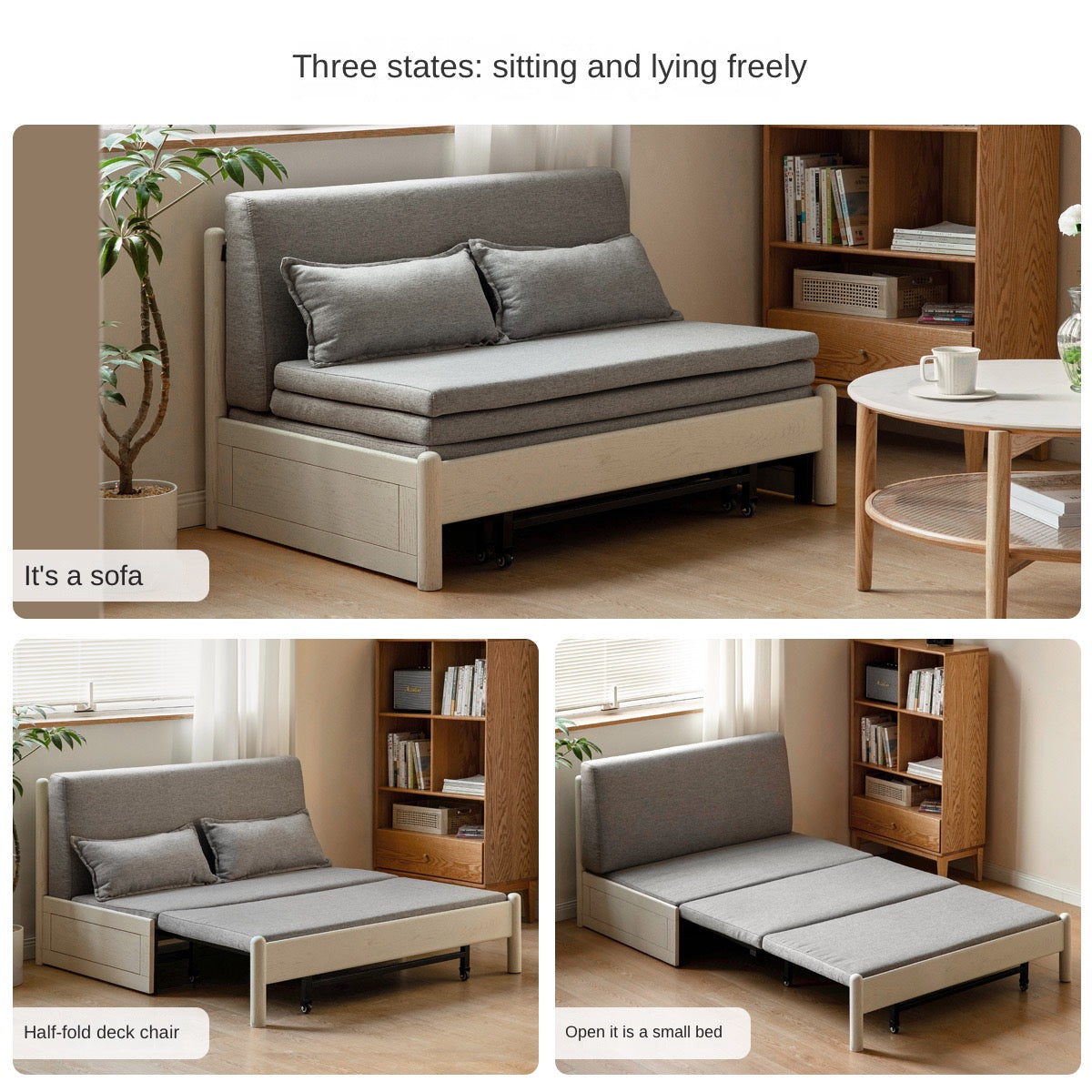 Oak solid wood sofa bed cream style folding sofa"