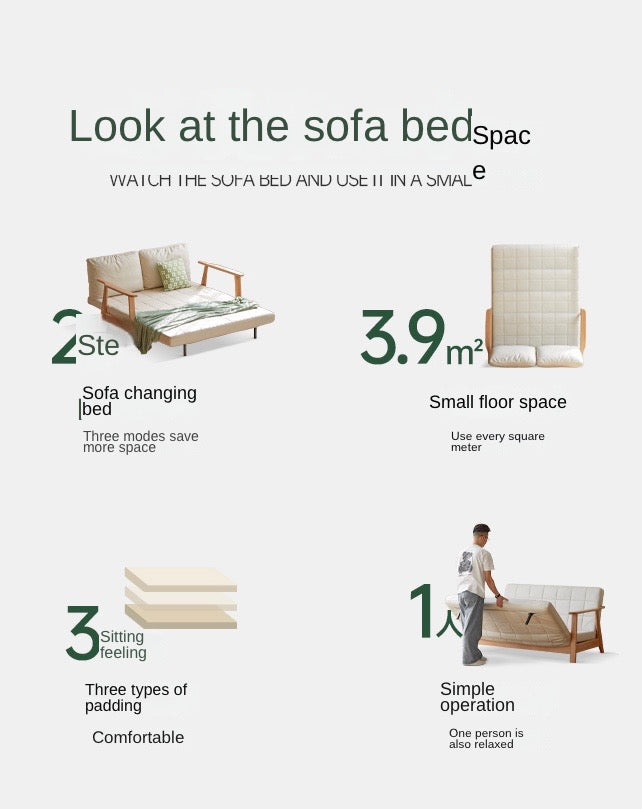 Oak Solid Wood Sofa Bed Folding Technology Fabric-