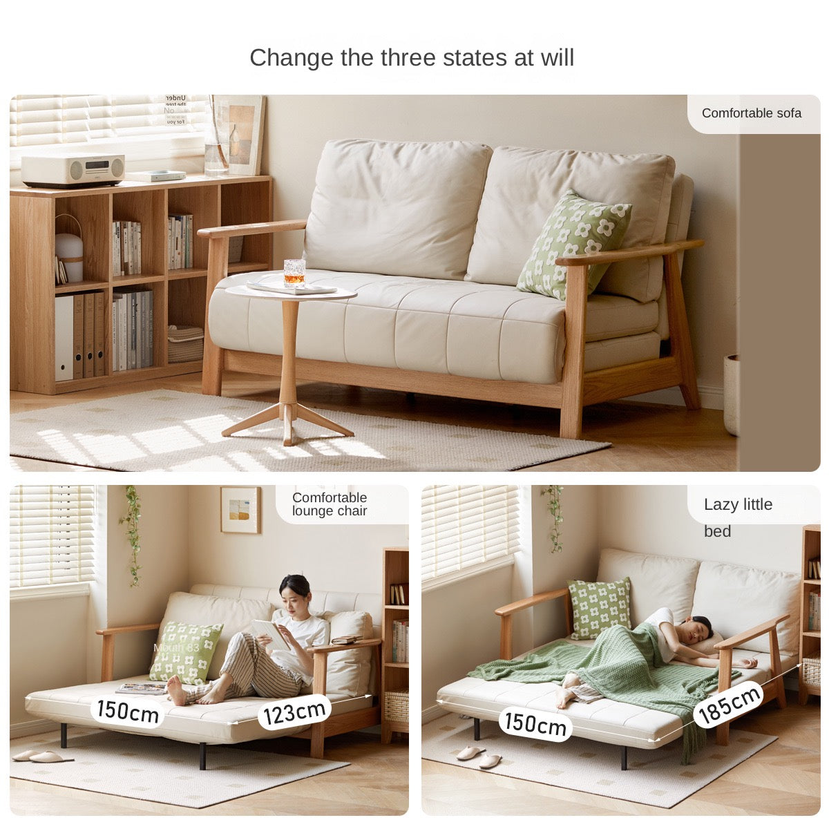 Oak Solid Wood Sofa Bed Folding Technology Fabric"