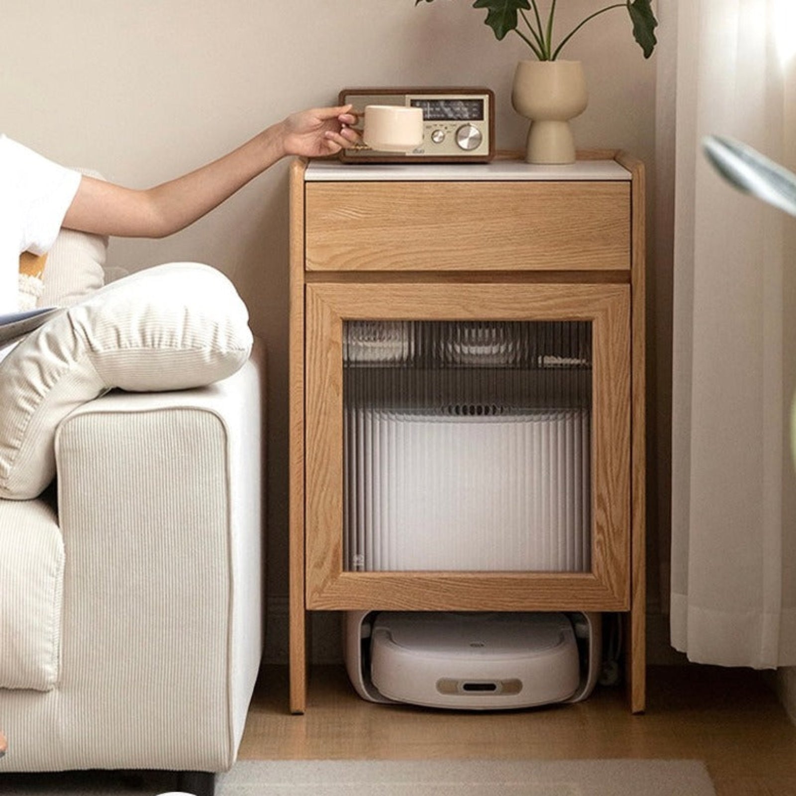 Oak Solid Wood Sweeping Robot Storage Side Cabinet Rock Slab.